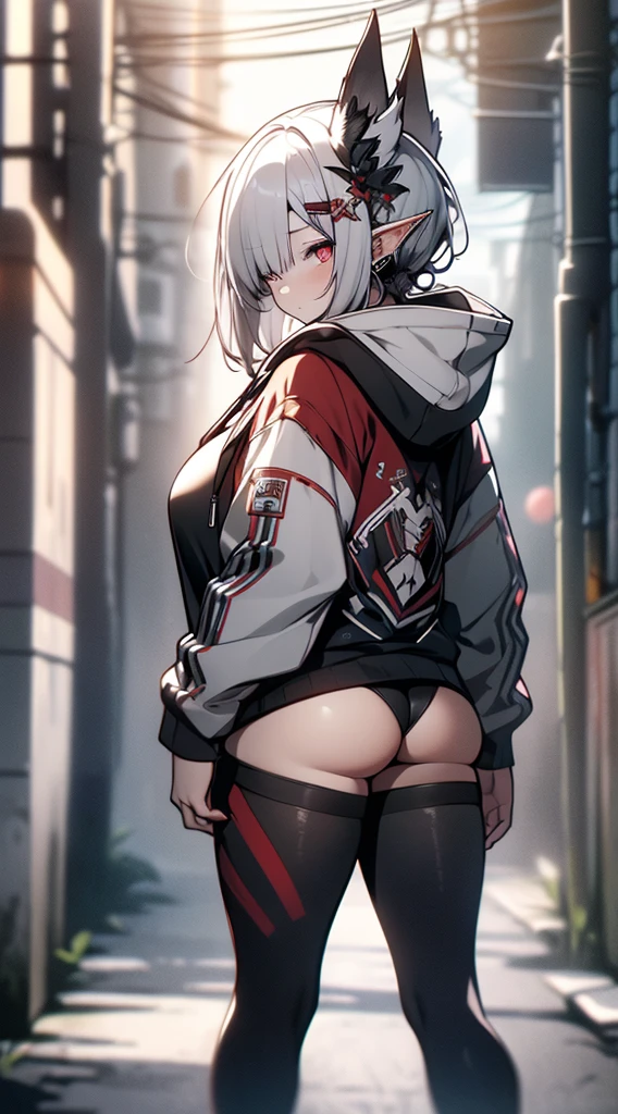 (((hight resolution,in 8K,masterpiece,))),full bodyesbian,from the rear,white hair,Odango Hair,red eyes,(Elven ears:1.2),White hoodie,Black tights,Plump ass