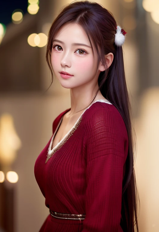 8K, of the highest quality, masutepiece:1.2), (Realistic, Photorealsitic:1.37), of the highest quality, masutepiece, Beautiful young woman, Pensive expression,、A charming、and an inviting look, cute santa clothes, Hair tied back, Cinematic background, Light skin tone