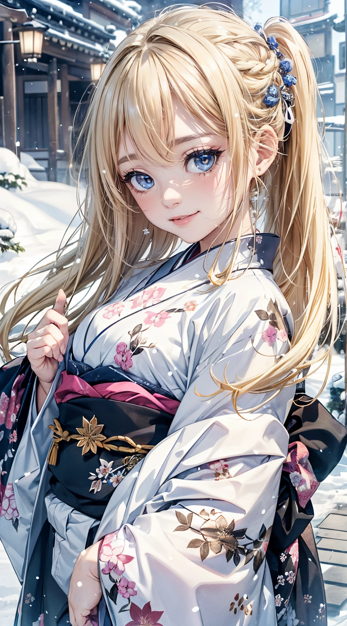 (​masterpiece),(top-quality:1.2),1girl in,(masuter piece:1.3),exquisitedetails, Highest quality 8K resolution,Vibrant colors,  Warm and gentle lighting,(Black floral kimono:1.3),(Lots of lanterns),(Smooth straight blonde hair:1.4),(Hair parted in the middle:1.3),(Glowing hair),(Dark blue eyes:1.3),cute smile face,White skin, hair clips,Small necklace,(Kyoto in the snow:1.3)、