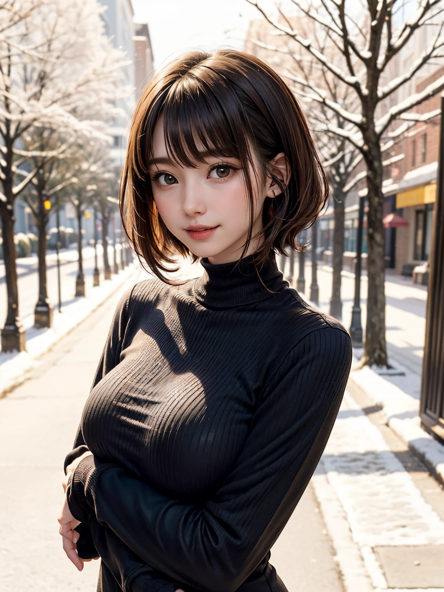 (masutepiece:1.4, top-quality、Very attractive adult beauty with a very cute smile:1.4、Add intense highlights to the eyes:1.4、Look firmly at the camera、Put your right hand on your chest、Beautiful woman full of adult charm:1.4),1girl in, 独奏, Light brown shiny hair, muffler,Santa Claus hat:1.4,realisitic, looking at the viewers, Bright colored crystal light blue eyes:1.4, short shiny hair, Santa Claus Starneck Knit、 Red and white costume of Santa Claus in a turtleneck with a round hole in the center of the chest:1.4,Sexy red and white turtleneck knit sweater with round hole in the center of chest:1.4、 s lips, lipgloss:1.4,bangss, The upper part of the body、big eye、Lashes、The face is a little red:1.4、Embarrassing)、((Canada's tree-lined streets in winter:1.4))、((Brunette short bob hair with bangs、big eye、Put very strong highlights in your students:1.4、{Gigantic|Big|Huge|Mega} breasts:1.4、very Bigger breasts、gazing at viewer、Very beautiful beauty、Put your ears out:1.4、long neck:1.4、little smiling、Beautiful teeth、Open your mouth and smile:1.4))、28 year old:1.4、Very cute supermodel:1.4、