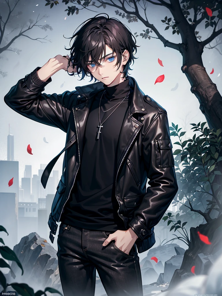 one male boy, leaning against tree, looking at viewer, detailed eyes, blue eyes, glowing eyes, black hair, short scruffy hair, mysterious look, cold and distant eyes, flower petals, wearing loose black jacket, hands in pockets, black jeans, long earing, necklace, slight breeze