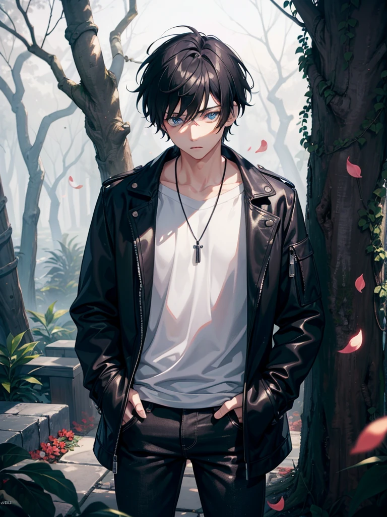 one male boy, leaning against tree, looking at viewer, detailed eyes, blue eyes, glowing eyes, black hair, short scruffy hair, mysterious look, cold and distant eyes, flower petals, wearing loose black jacket, hands in pockets, black jeans, long earing, necklace, slight breeze