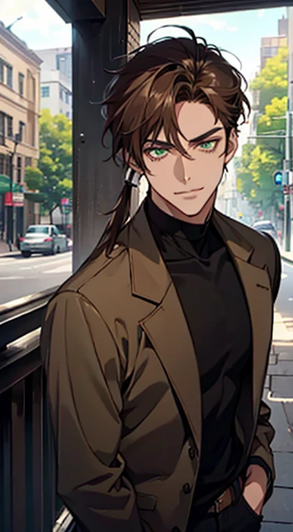 ((sexy tall man, young_adult_face)), (glowing green eyes), olive green eyes, masterpiece, superb quality, sharp eyes, piercing eyes, smirking, sexy smirk, wicked smile, portrait, gradient ((dark brown hair)), shaggy hair, ((rat tail hair)), ((rattail hair)), (shiny tan skin), darkbrown_hair, ashybrown_hair, ash_brown hair, solo, outdoors, ❤ love, handsome anime boy, 1 man, wearing black skinny jeans, wearing brown sweater, head tilted, ((face front)),