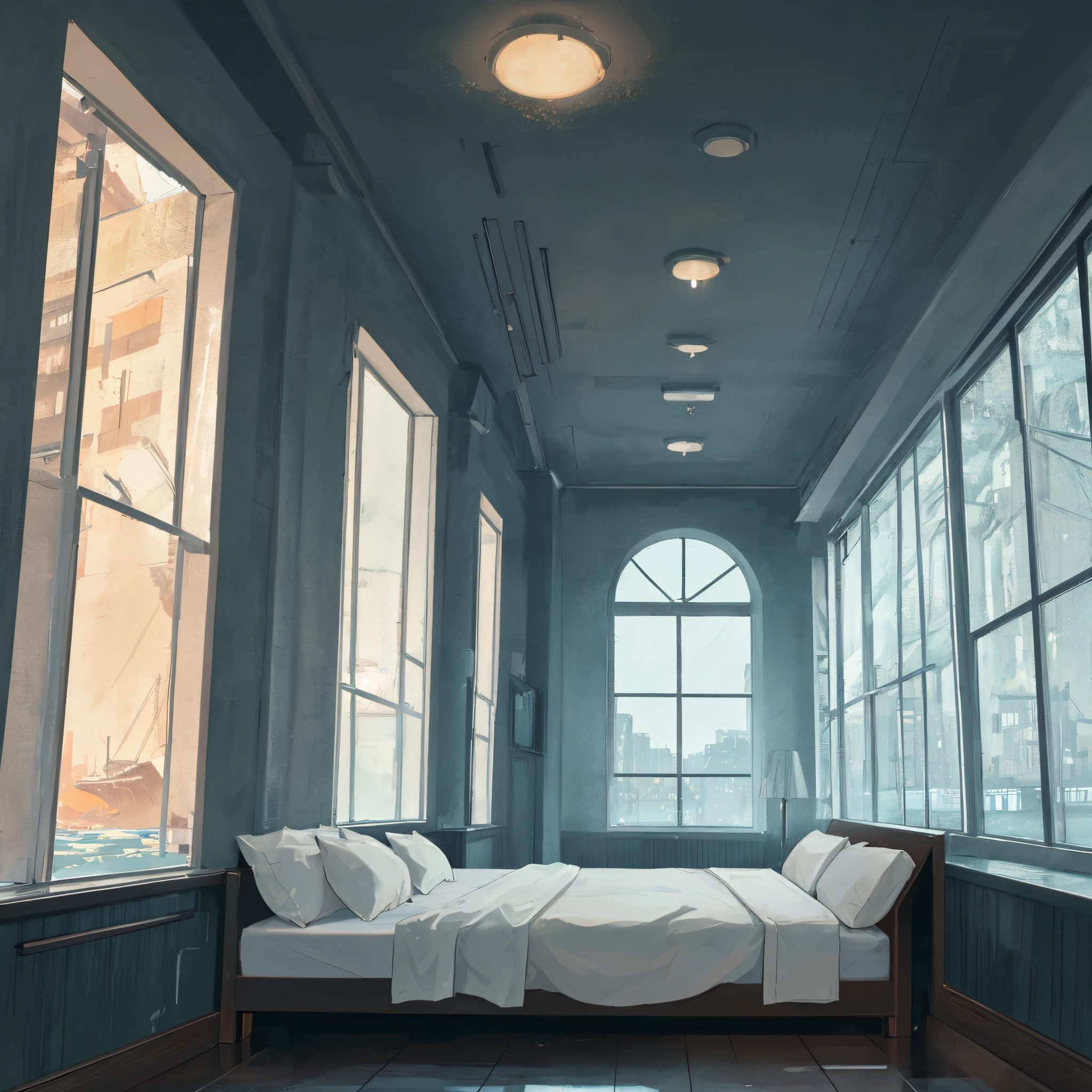 Beautiful back，Buildings，sea surface，rainy sky，depressive，Sad，floor to ceiling window，huge bed，table light，
