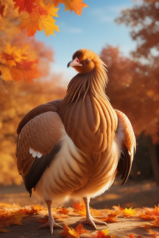 (a very cute and fluffy turkey),(plump turkey),(fall background),(best quality, ultra-detailed),(realistic),(vivid colors),(soft lighting)