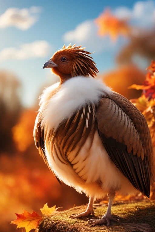(a very cute and fluffy turkey),(plump turkey),(fall background),(best quality, ultra-detailed),(realistic),(vivid colors),(soft lighting)