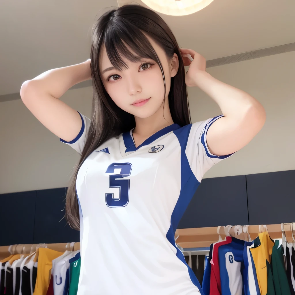((top-quality、8K))、focus:1.2、perfectbodybeauty:1.4、large full breasts、g-cup、Highly detailed facial and skin texture、full bodyesbian、Hollow eyes、二重まぶた、Whitened skin、length hair、A dark-haired、cute little、Formal Dresses、full bodyesbian、((Volleyball Uniform))