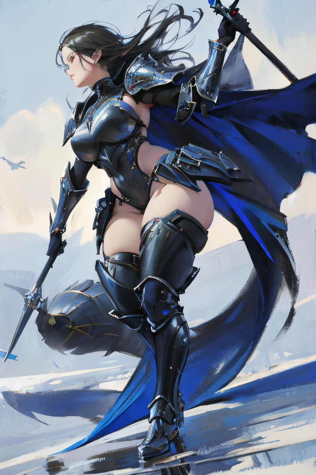 ink drawing of alluring voluptuous beautiful female wearing heavy infantry tactical armor, shiny/glossy, full body, beautiful face, in the style of Akira Hiramoto, savviq sabviq, anne packard, richard schmid, gray and blue, atmospheric paintings, gouache, gabriele viertel
