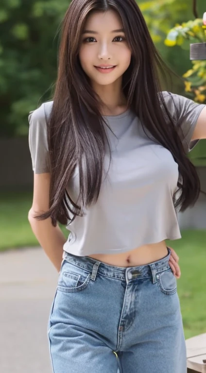((top-quality、8K、tmasterpiece:1.3))、Twenty years old、Long gray hair、Focus Clear:1.2、Beautiful woman with perfect style:1.4、Slim abs:1.2、((dark brown hair、Colossal tits:1.2))、(tee shirt:1.1)、School playground:1.2、Highly Detailed Face and Skin Textur、詳細な目、二重まぶた、camel top、denim pant、The same person