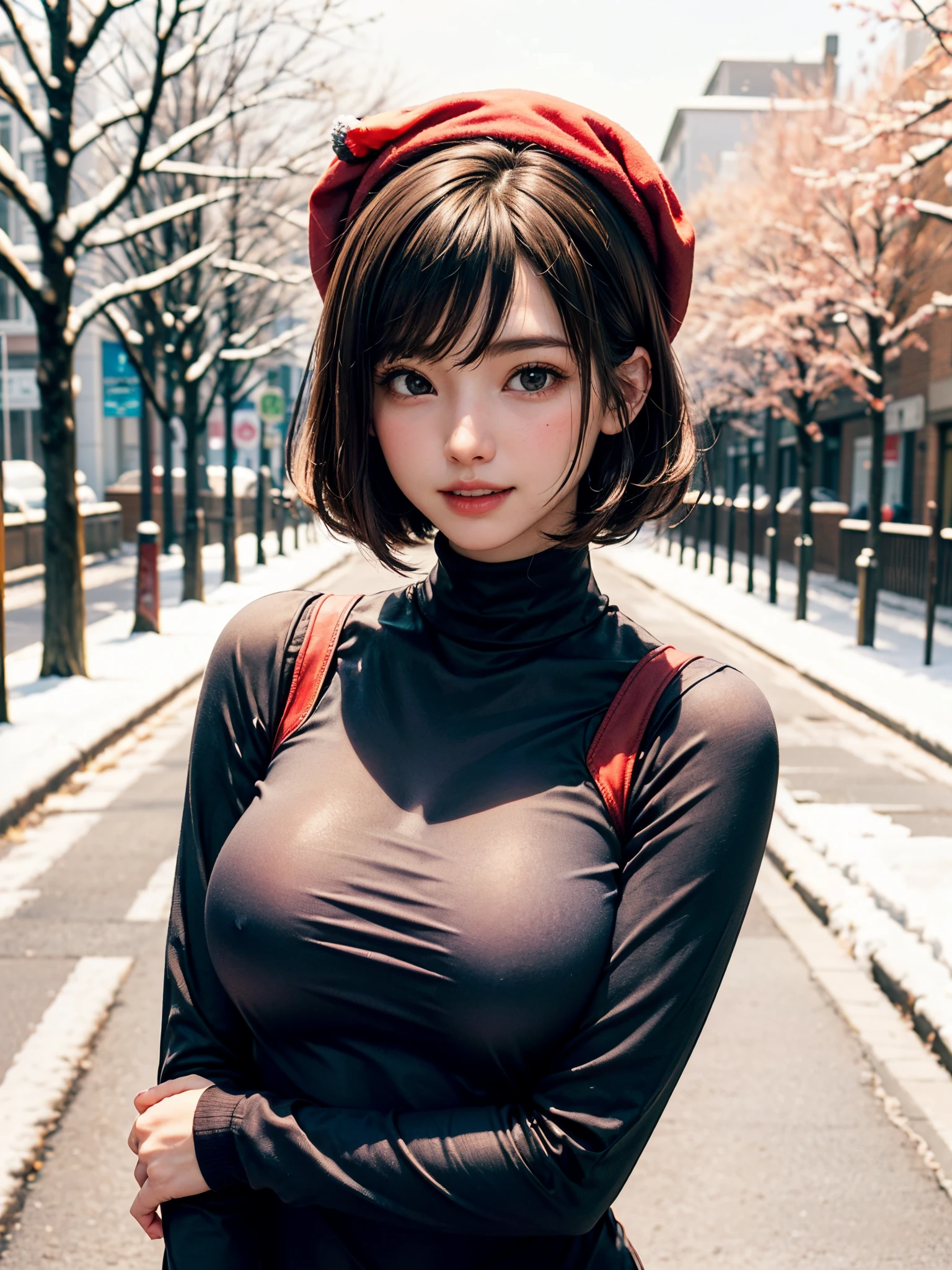 (masutepiece:1.4, top-quality、Very attractive adult beauty with a very cute smile:1.4、Add intense highlights to the eyes:1.4、Look firmly at the camera、Put your right hand on your chest、Beautiful woman full of adult charm:1.4),1girl in, 独奏, Light brown shiny hair, muffler,Santa Claus hat:1.4,realisitic, looking at the viewers, Bright colored crystal light blue eyes:1.4, short shiny hair, Santa Claus Starneck Knit、 Red and white costume of Santa Claus in a turtleneck with a round hole in the center of the chest:1.4,Sexy red and white turtleneck knit sweater with round hole in the center of chest:1.4、 s lips, lipgloss:1.4,bangss, The upper part of the body、big eye、Lashes、The face is a little red:1.4、Embarrassing)、((Canada's tree-lined streets in winter:1.4))、((Brunette's short bob hair with bangs、big eye、Put very strong highlights in your students:1.4、{Gigantic|Big|Huge|Mega} breasts:1.4、very Bigger breasts、gazing at viewer、Very beautiful beauty、Put your ears out:1.4、long neck:1.4、little smiling、Beautiful teeth、Open your mouth and smile:1.4))、28 year old:1.4、Very cute supermodel:1.4、