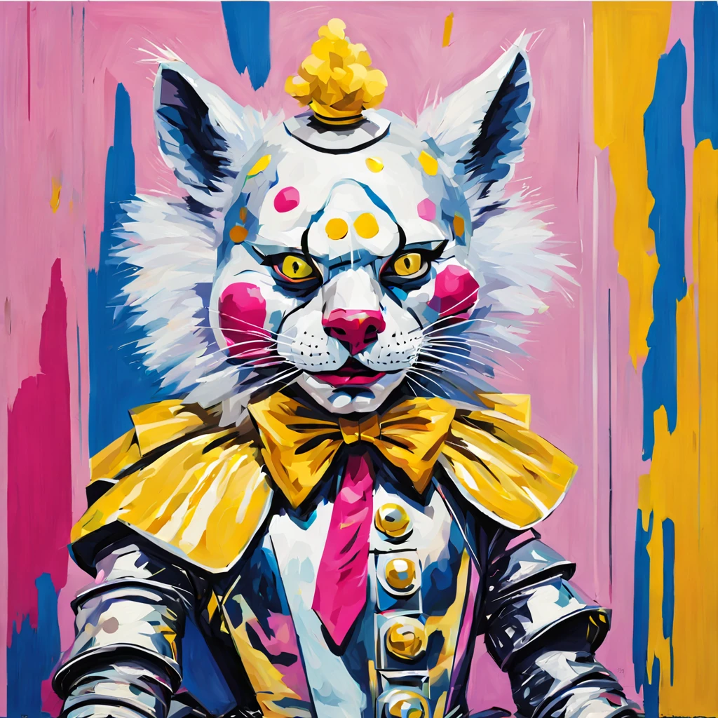 silver and white furred Thundercat that is clown-like with a pink bow and yellow pointed shoes sticking their tongue out and wearing mirror armor, background fancy store, best quality, masterpiece, in fauvism art style