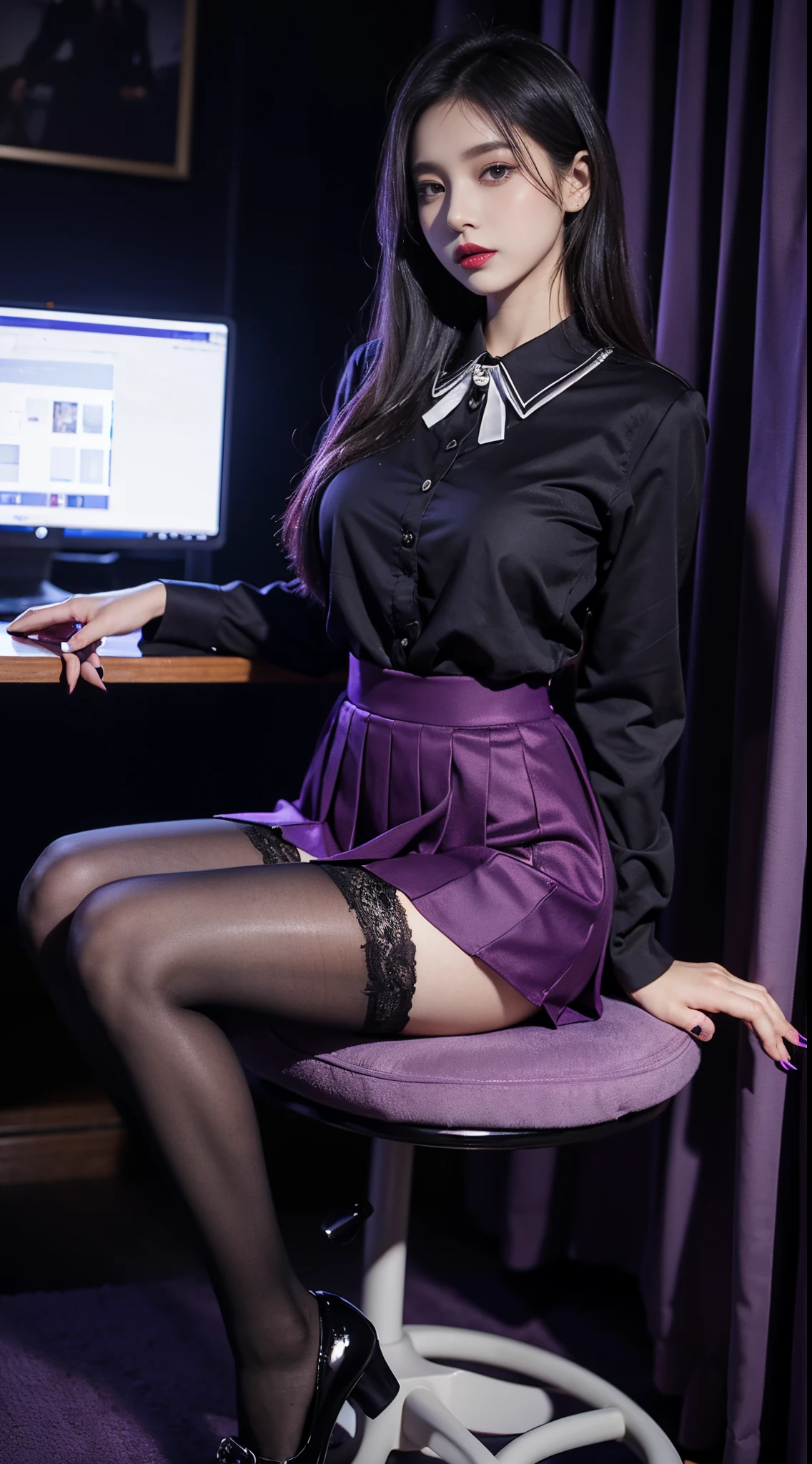 Charming beauty、school uniformss、evil female executive、blouse、tight skirt、The Evil Fall、Dark、brainwash、Pantyhose、lace fabric、polished legs、Lipstick、purple nail polish、evil look、suspicious expression、A dark room、natta、keji