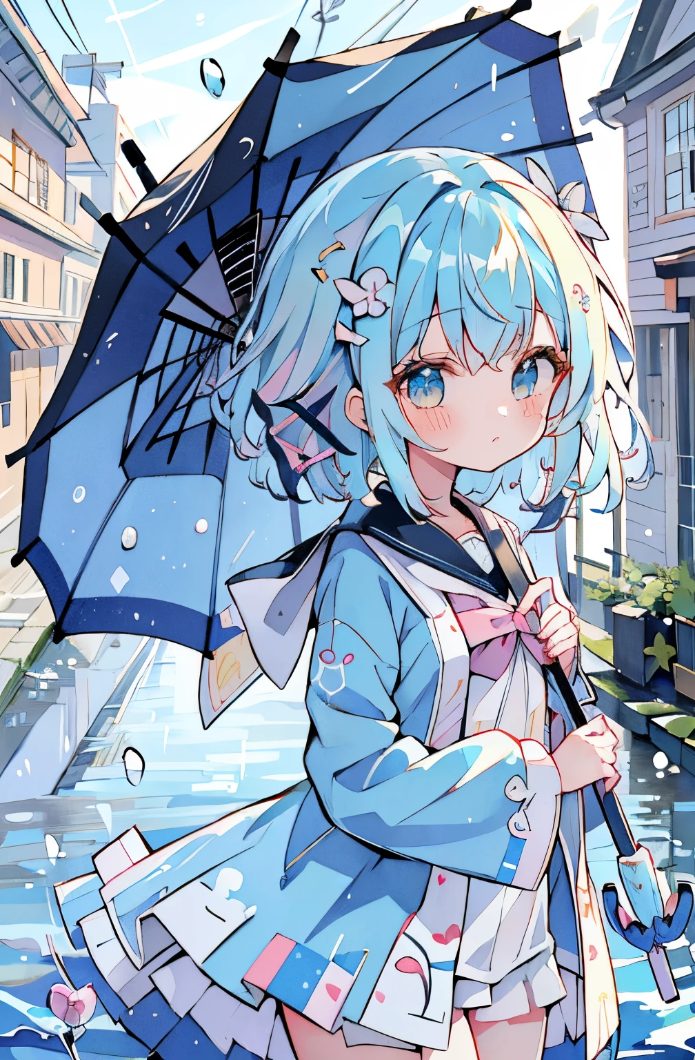 absurderes, hight resolution, (Anime style:1.1), ((masutepiece)), ((Best Quality)), (Ultra-detailed), (Beautiful),Beautiful face、(liftup),Cute little girl s、((umbrellas、Holding an umbrella))puddle、(((full bodyesbian)))Light blue hair、a sailor suit、Light blue sailor suit、Sateen、((((Sateen))))