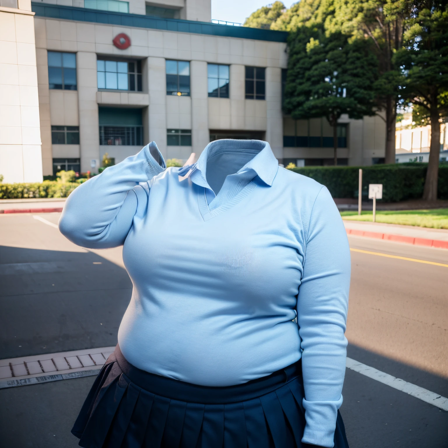 (chubby, fat), school uniform, blue shirt, school tie, in university, (cute pose), (invisible, no humans, headless, faceless:1.5), (cute big breasts), (close-up shot of hip), (8k, RAW photo, best quality, masterpiece:1.2), (realistic, photo-realistic:1.37), photon mapping, radiosity, ((Hasselblad photography)), physically-based rendering