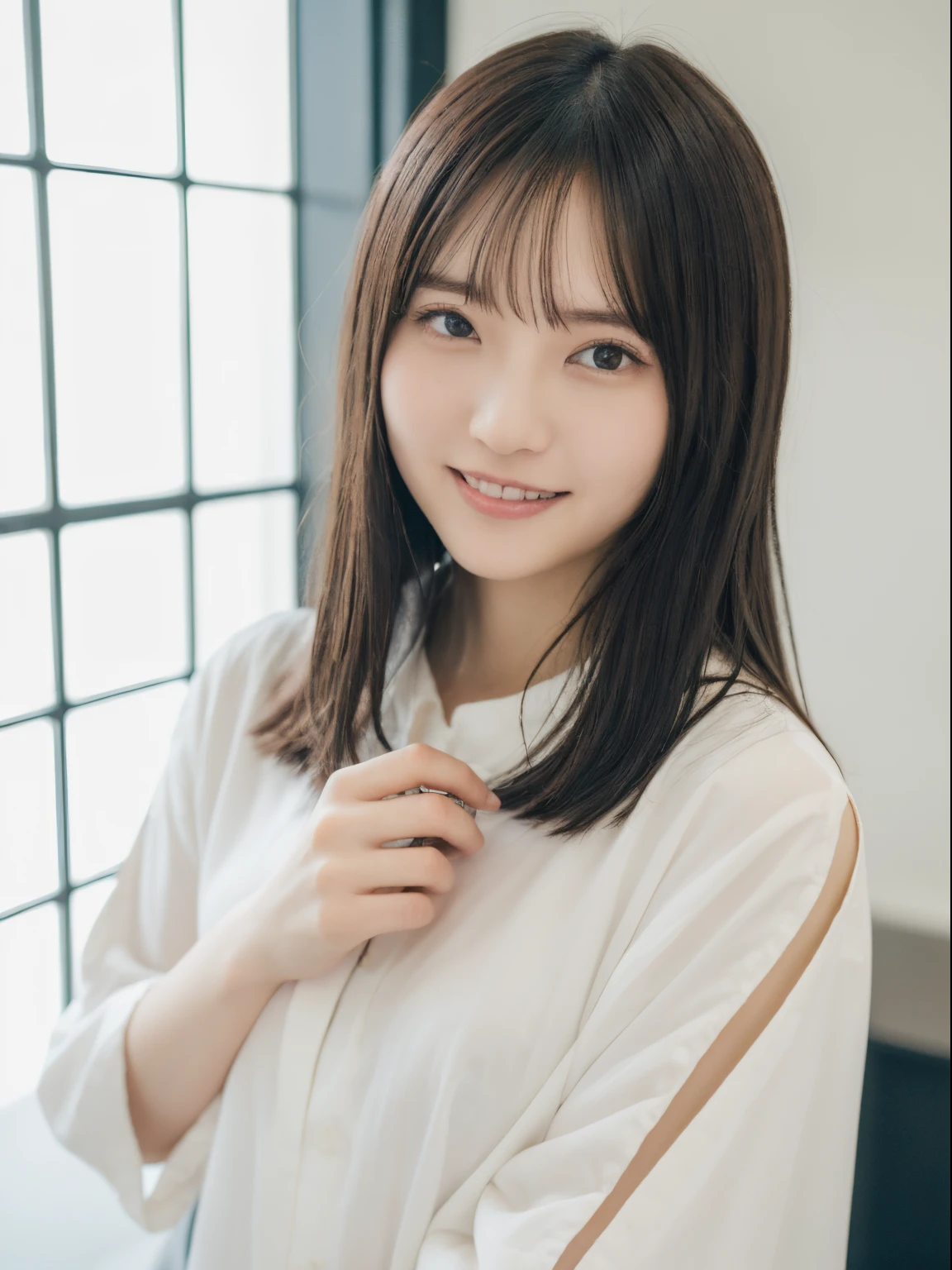 ((top-quality、8K、masterpiece:1.5))、One girl、A smile、(The mouth is closed:1.3)、Blunt bangs、Lots of bangs、(full body Esbian:1.4)、hyperdetailed face、A detailed eye、Detailed ears、二重まぶた、Slim Faces、(selfee:1.3)、Autumn clothes、(white wall room with window、Shot in a beauty salon)、natural soft light、Poses variadas、