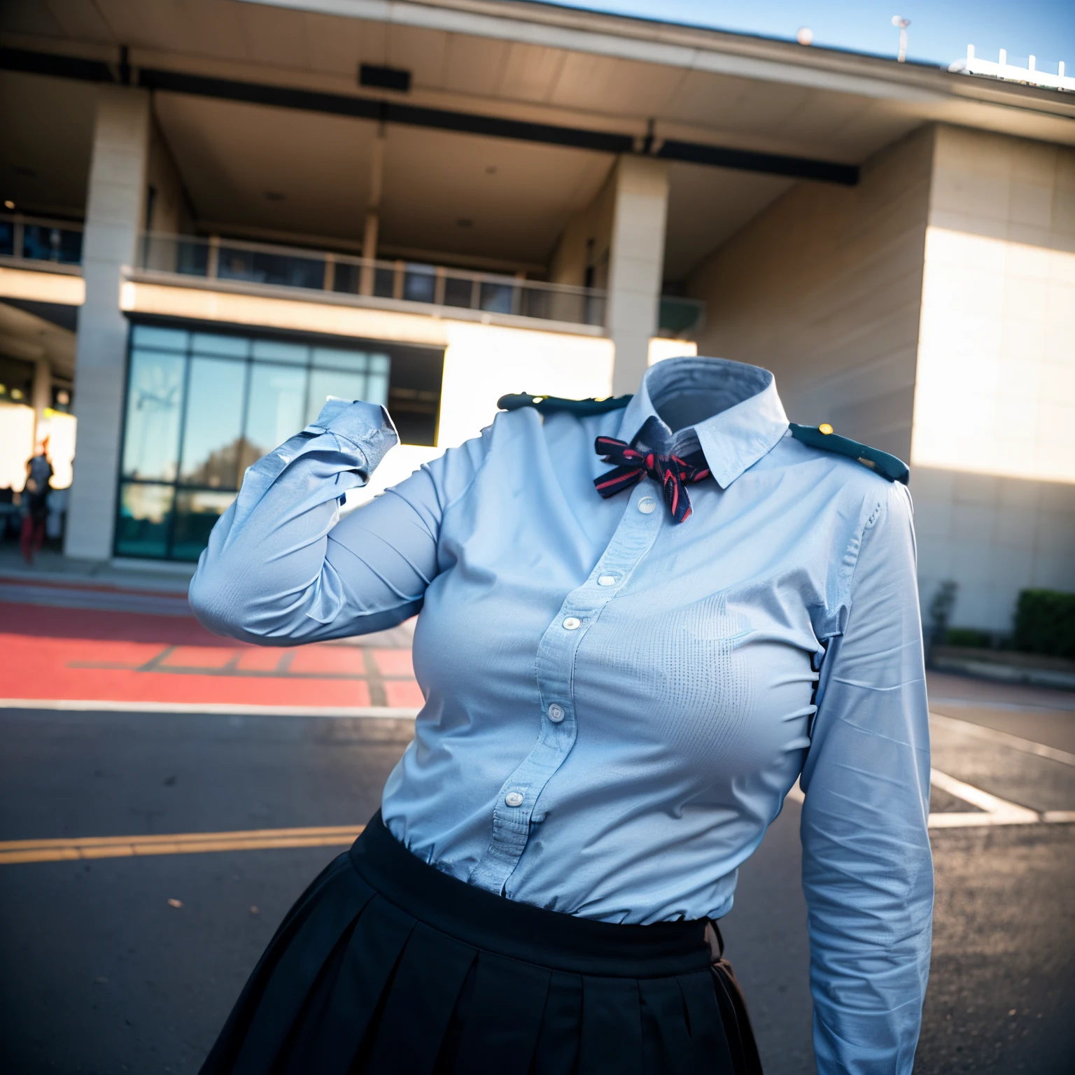(chubby, fat),  school uniform, blue shirt, school tie, in university, (cute pose), (invisible, no humans, headless, faceless:1.5), (cute big breasts), (close-up shot of hip), (8k, RAW photo, best quality, masterpiece:1.2), (realistic, photo-realistic:1.37), photon mapping, radiosity, ((Hasselblad photography)), physically-based rendering