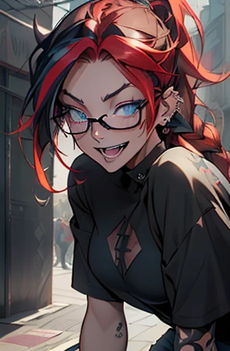 1nerdy 27yo Japanese woman with glasses, (braided multicolored hair:1.5), ((boyish)), (low pony tail:1.5), ((messy hair:1.0), (two-tone hair:1.5), (half black and half red hair:1.5)), ((on the left side is black hair:1.5), (on the right side is red hair:1.5)), (((black-rimmed round glasses))), (((beautifully detailed face))), (((perfect face))), (((Beautiful detailed eyes))), (((perfect eyes))), sharp eyes, (Dark Blue eyes:1.5), (gothic makeup with so many eyelashes and jet black eyeshadow), ((sadistic grinning smile:1.2), (open mouth:1.5)), (bronze skin:1.5), ((open stand neck coat), (loose t-shirt)), street fashion, sport pants, (Solo), perfect anatomy, slender, abs, (thin waist), (handsome face:1.3), ((crazy smile:1.0), (teeth fangs:1.3)), (dark skin:1.5), (Narrowed Eyes:1.1), (staring at me:1.3), (half-closed eyes:1.4), (natural forehead:1.1), (piercings:1.3), (((black thick rimmed glasses))), (high detailed skin), ((top-quality)), ((High Definition)), ((beautiful detailed)), high quality shadow, mostly cloudy sky, ((official art)), octane render, Cyberpunk city street background, White balance, Long Exposure, Depth of Field, anatomically correct, (((Best Quality))), (((masterpiece))), (((Super Detail))), (((UHD)))