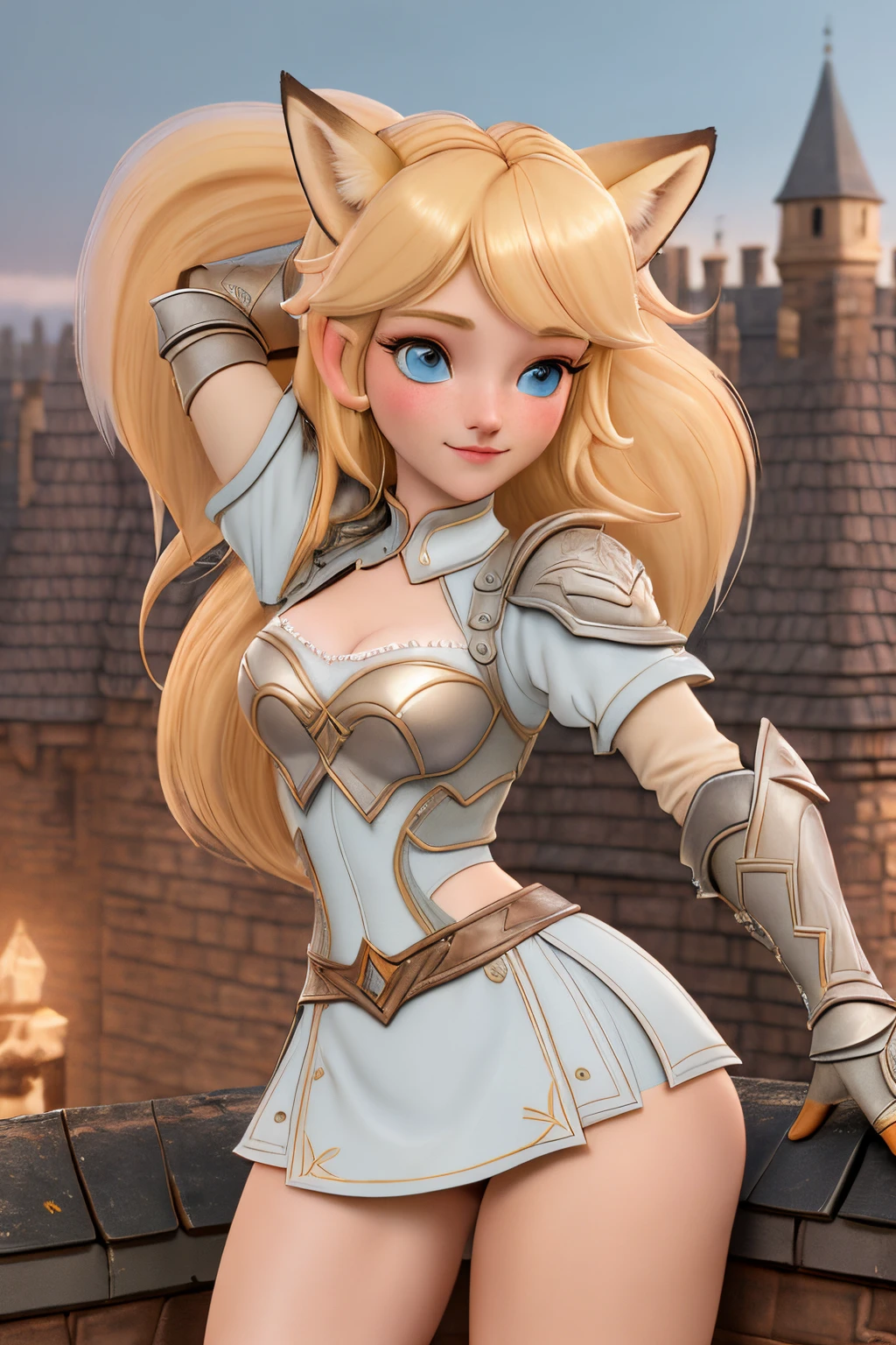 close up 1girl in, teenager, Solo, Aesthetic artwork, blond, straight blonde hair, super long blonde hair, light blue eyes, some small freckles, pale skin, medium breasts, cleavage, runners body, (thin hips, thin waist: 1.25), (arched back:1.12), detailed skin, neutral face, shy smile, (dancing: 1.25), revealing clothes, wearing leather Warcraft leather armor, leather hunter armor, (dirty blond fox ear:1.25), (detailed Castle roof background:1.1), rooftop, overlooking medieval city, 24mm, 4k textures, soft cinematic light, RAW intricate, elegant, highly detailed, sharp focus, ((((cinematic look)))), soothing tones, insane details, intricate details, hyperdetailed, low contrast, soft cinematic light, dim colors, exposure blend, hdr, faded
