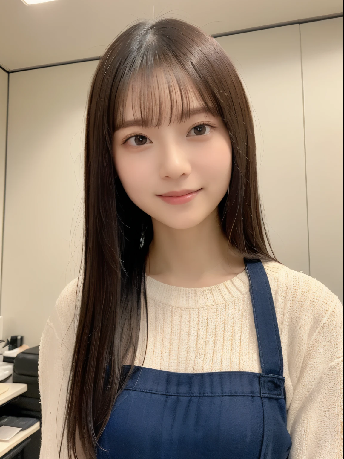 ((top-quality、8K、​masterpiece:1.5))、One girl、A smile、(The mouth is closed:1.3)、Blunt bangs、Lots of bangs、(full body Esbian:1.4)、hyperdetailed face、A detailed eye、Detailed ears、二重まぶた、Slim Faces、(selfee:1.3)、Autumn clothes、(white wall room with window、Shot in a beauty salon)、natural soft light、Poses variadas、