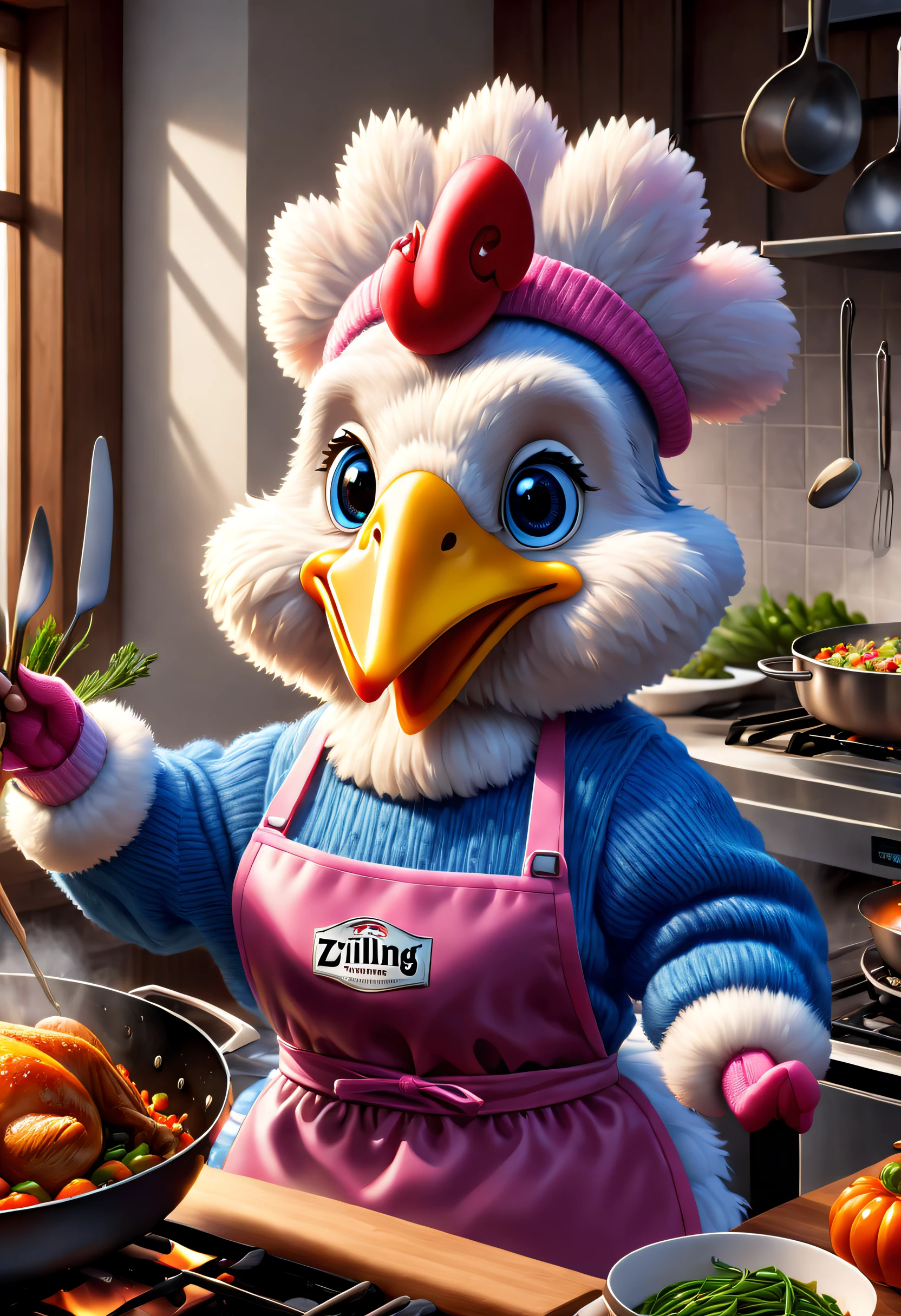 Brand advertising, Creative poster, Stylish cute turkey wearing blue sweater and pink apron,Cooking，Pixar&#39;s ZWILLING, stir-fry，cooking a, 3Drenderingof, Focus sharp, ultra-realistic realism, Fluffy, fantasy engine, 5 quality rendering, 3Drenderingof, furry art,