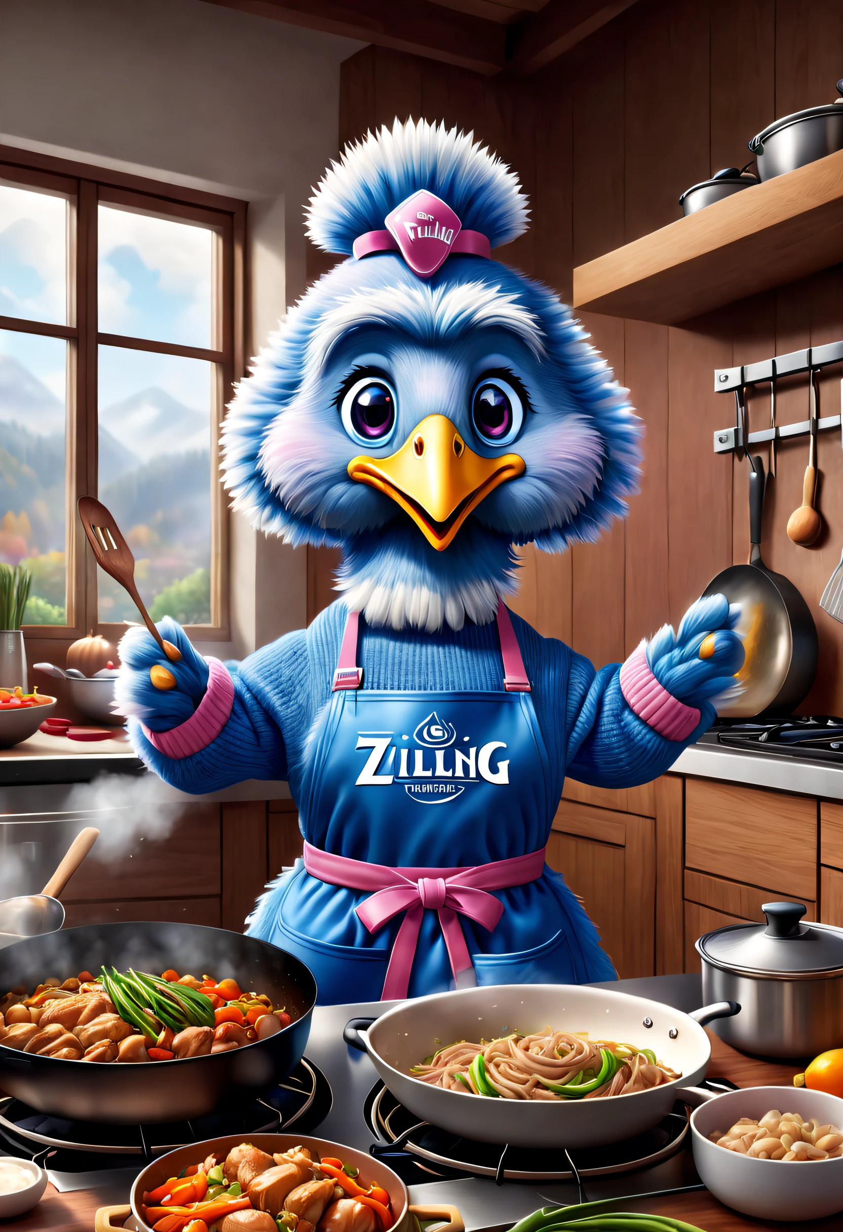 Brand advertising, Creative poster, Stylish cute turkey wearing blue sweater and pink apron,Cooking,Pixar's ZWILLING, stir-fry,cooking a, 3Drenderingof, Focus sharp, ultra-realistic realism, Fluffy, fantasy engine, 5 quality rendering, 3Drenderingof, furry art,