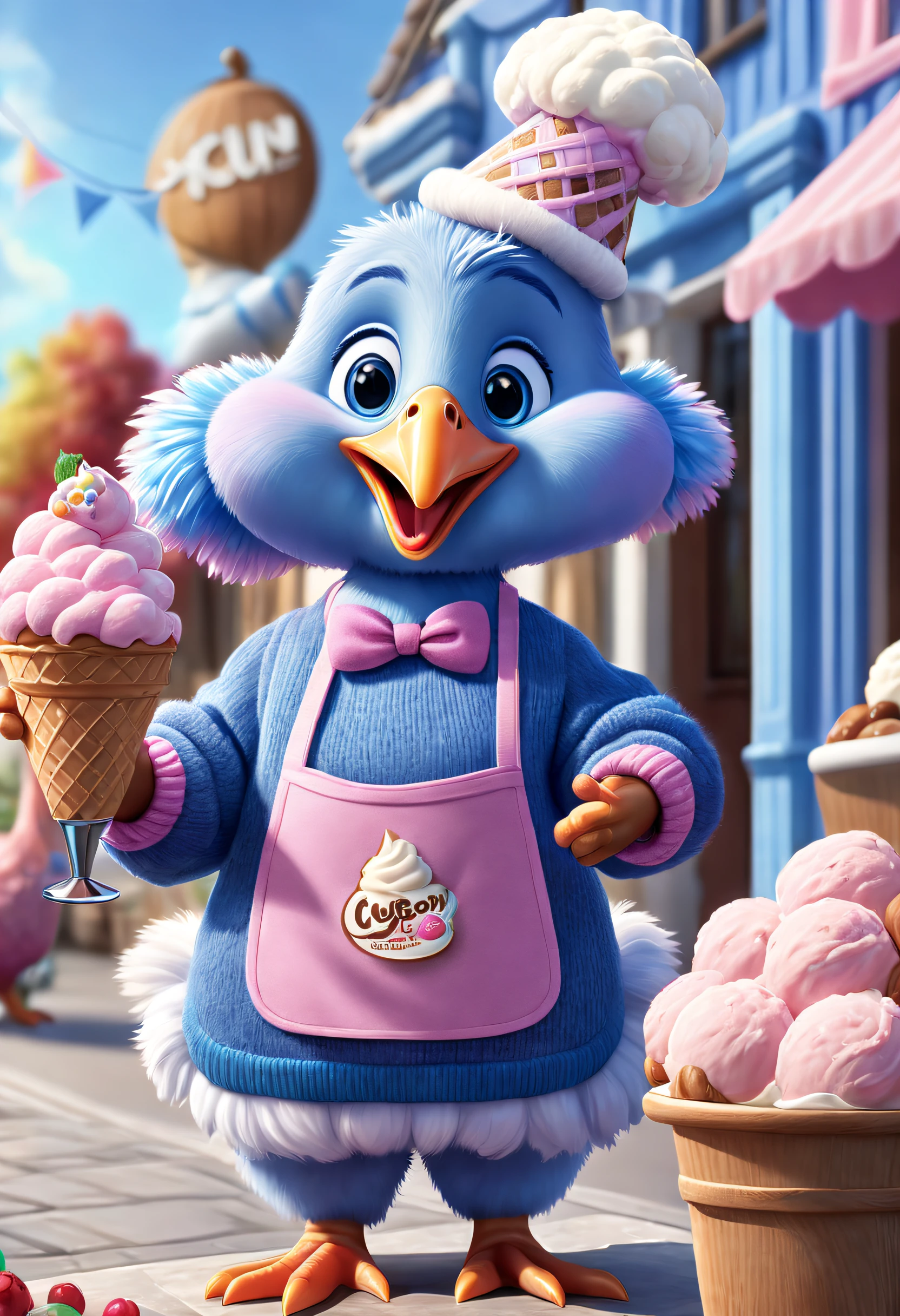Brand advertising, Creative poster, Cute turkey wearing blue sweater and pink apron, pixar ice cream, 3 Rendering, Focus sharp, ultra-realistic realism, Fluffy, fantasy engine, 5 quality rendering, 3 Rendering, furry art,
