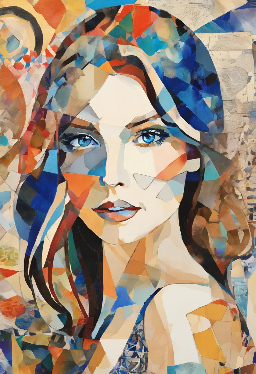drawing, Sketched, watercolor paiting, Robert Delaunay style, Cubism, prety woman, Big blue eyes, a smile, moderate breasts, beautiful long hair, well-styled, Le Monde and fashion magazines in the background, Intricate Brushwork, high-level image quality, A breathtaking masterpiece
