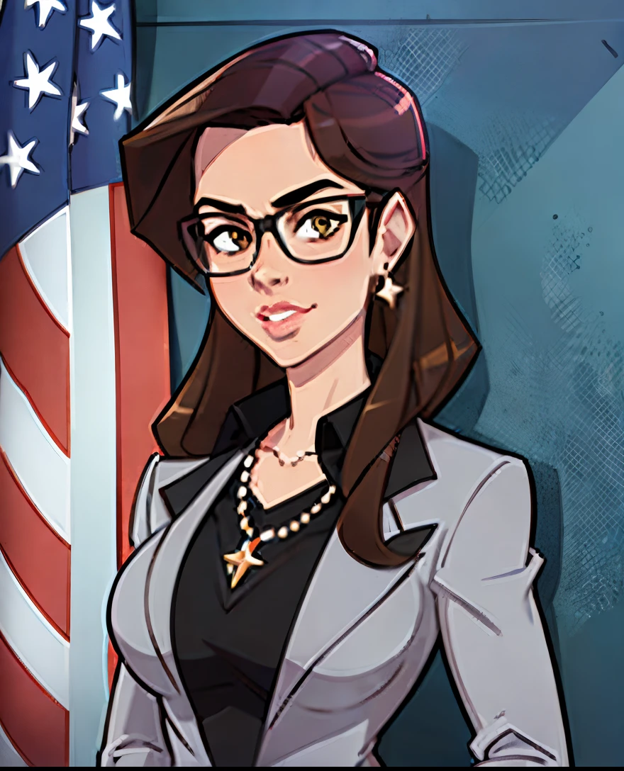 Lauren Boebert, portrait photo, american flag background, sfw, (masterpiece), cel shaded, thick outlines, glossy shine, solo, brown eyes, brown hair, blue pearl necklace, glasses, business outfit (gray blazer, black shirt)