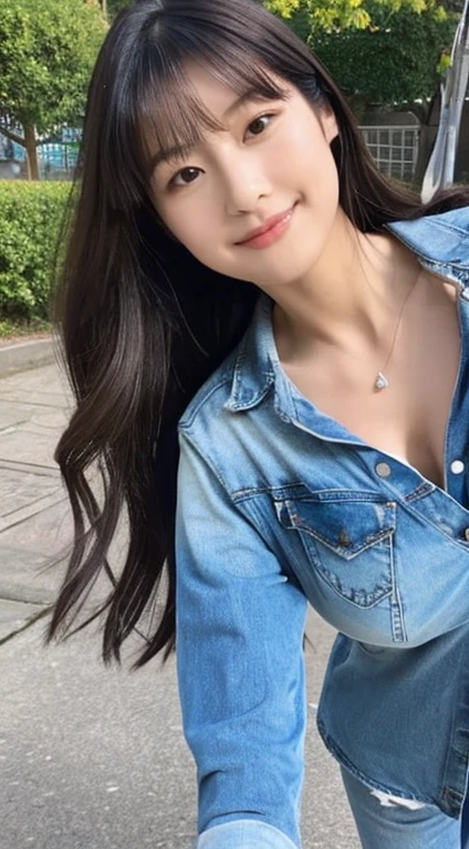 ((top-quality、8K、tmasterpiece：1.3))、Twenty years old、Long gray hair、Focus Clear：1.2、Beautiful woman with perfect style：1.4、Slim abs：1.2、((dark brown  hair、Colossal tits：1.2))、School playground:1.2、Highly Detailed Face and Skin Textur、詳細な目、二重まぶた、denim pant、The same person、The shirt