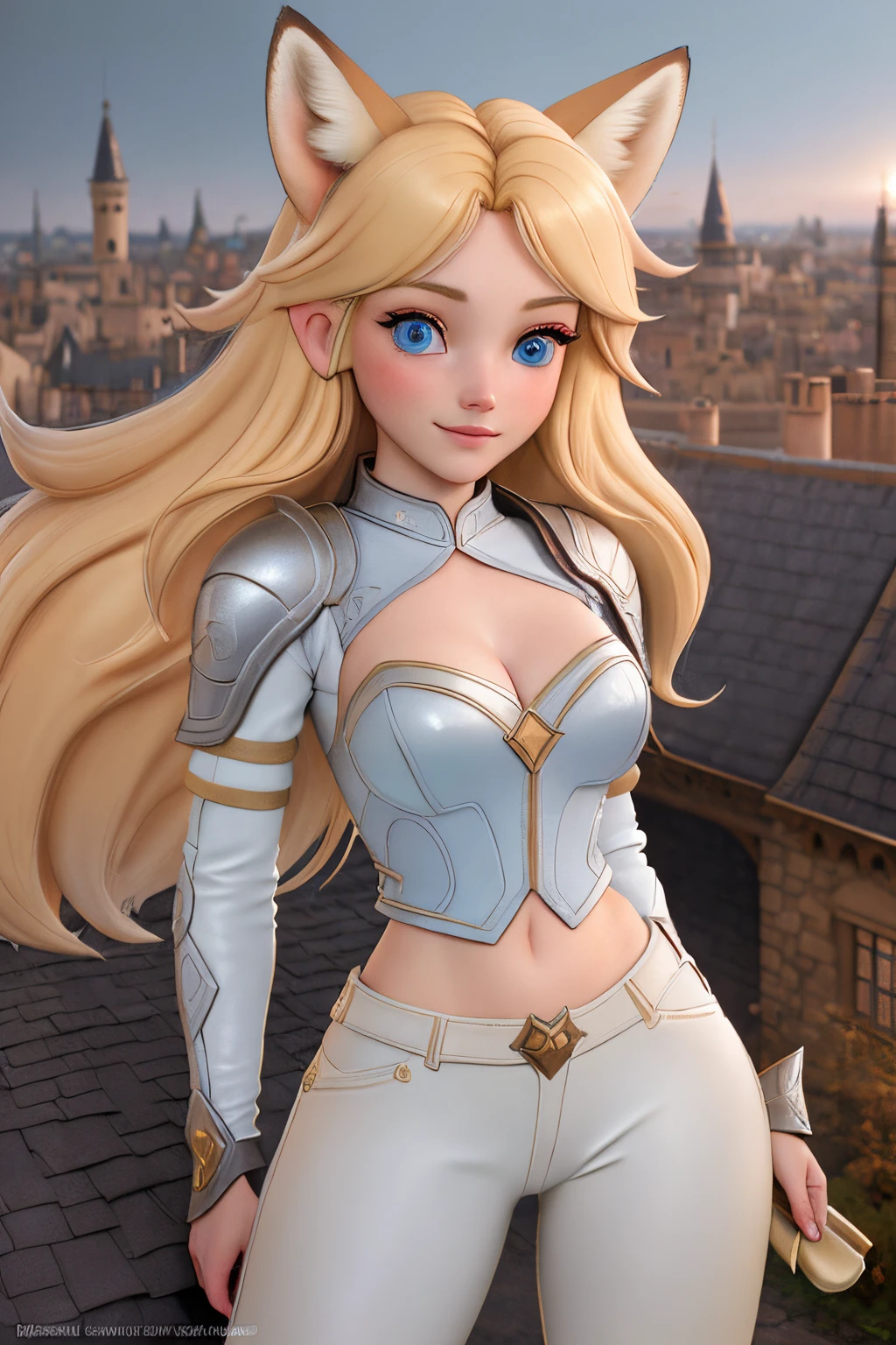 close up 1girl in, teenager, Solo, Aesthetic artwork, blond, straight blonde hair, super long blonde hair, light blue eyes, some small freckles, pale skin, medium breasts, cleavage, runners body, (thin hips, thin waist: 1.25), (arched back:1.12), detailed skin, neutral face, shy smile, (fighting: 1.25), revealing clothes, wearing leather Warcraft leather armor, leather hunter pants, (dirty blond fox ear:1.25), (detailed Castle roof background:1.1), rooftop, overlooking medieval city, 24mm, 4k textures, soft cinematic light, RAW intricate, elegant, highly detailed, sharp focus, ((((cinematic look)))), soothing tones, insane details, intricate details, hyperdetailed, low contrast, soft cinematic light, dim colors, exposure blend, hdr, faded