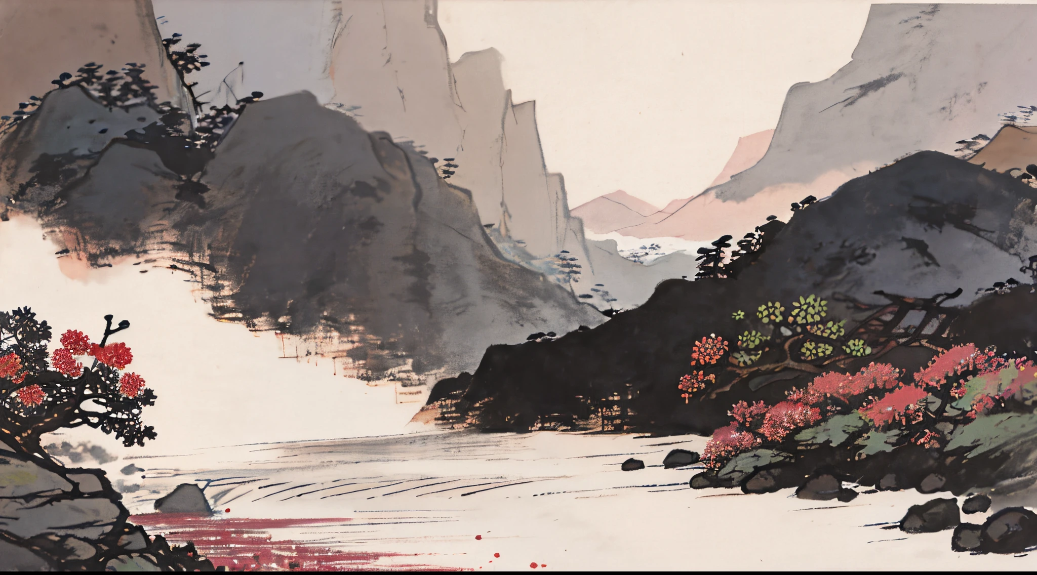 Chinese landscape painting，Flowers，small stream，Small dirt slopes，（without humans）