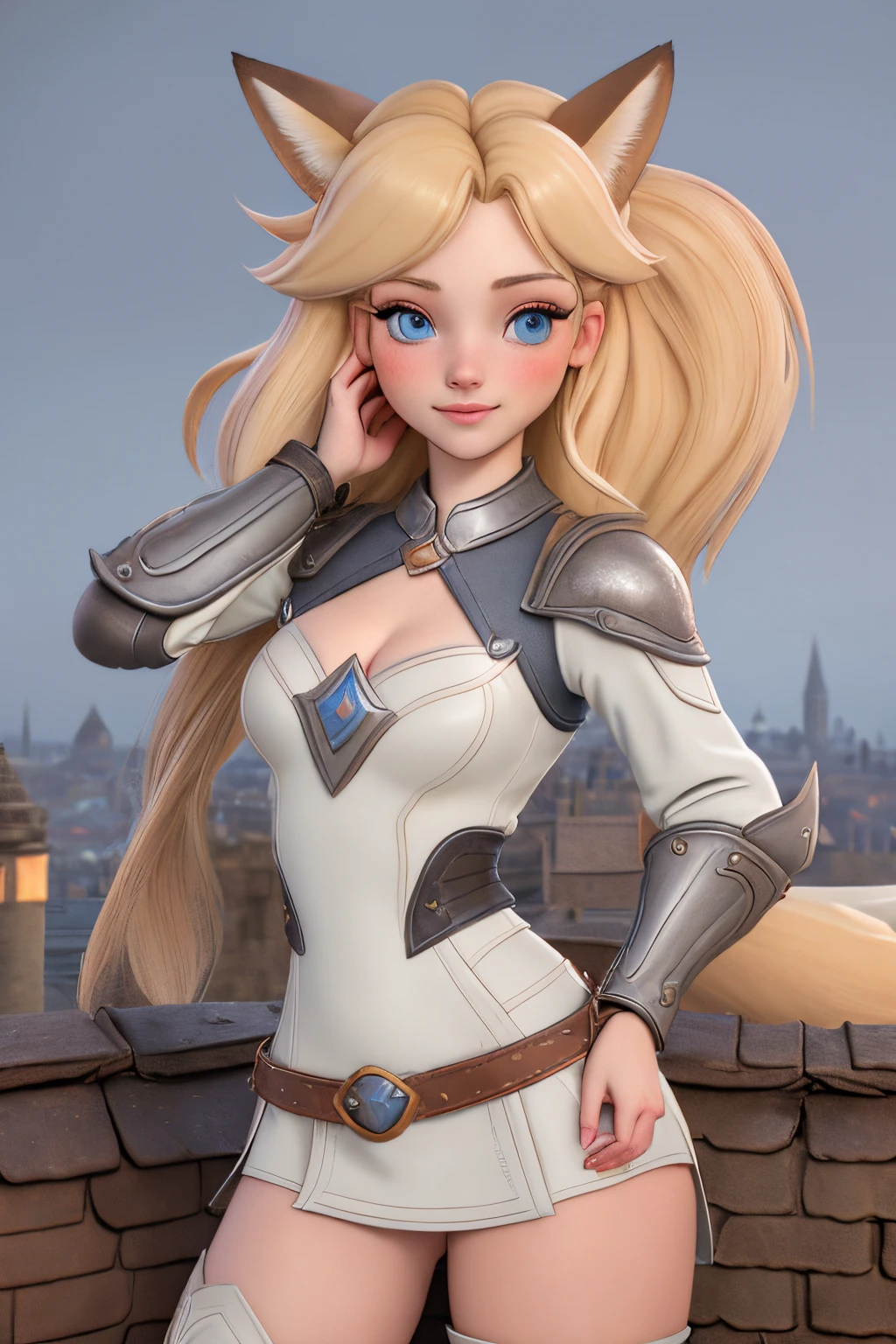 close up 1girl in, ager, Solo, Aesthetic artwork, blond, straight blonde hair, super long blonde hair, light blue eyes, some small freckles, pale skin, medium breasts, cleavage, runners body, (thin hips, thin waist: 1.25), (arched back:1.12), detailed skin, neutral face, shy smile, (fighting: 1.25), revealing clothes, wearing leather Warcraft leather armor, leather hunter pants, (dirty blond fox ear:1.25), (detailed Castle roof background:1.1), rooftop, overlooking medieval city, 24mm, 4k textures, soft cinematic light, RAW intricate, elegant, highly detailed, sharp focus, ((((cinematic look)))), soothing tones, insane details, intricate details, hyperdetailed, low contrast, soft cinematic light, dim colors, exposure blend, hdr, faded