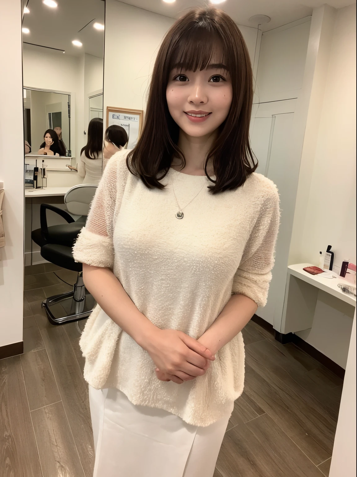 ((Best Quality, 8K, masutepiece: 1.3)), ((top-quality、8K、masterpiece:1.5))、One girl、A smile、(The mouth is closed:1.3)、Blunt bangs、Lots of bangs、(full body Esbian:1.4)、hyperdetailed face、A detailed eye、Detailed ears、二重まぶた、Slim Faces、(selfee:1.3)、Autumn clothes、(white wall room with window、Shot in a beauty salon)、natural soft light、Poses variadas、Other shots