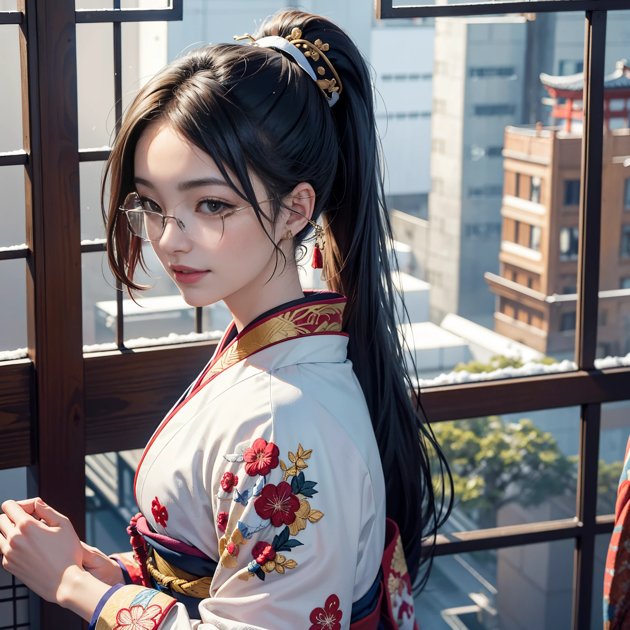 Background of details(Outside the window is the snowy city of Kyoto),BREAK ,elaborate costume(Luxurious Japan kimono(Colorful kimono(detailed embroidery))),BREAK,(1 Beautiful and classy adult woman(huge smile:1.2)(Japanese actressl:1.2)(A dark-haired:1.2(long hair ponytail:1.2)(inner colored(reddish)))),(eye glass:1.2),(Talking happily),BREAK,Wallpapers 16K,Blur the background,)(masutepiece,Best Quality,Portrait photos):1.5),full body Esbian