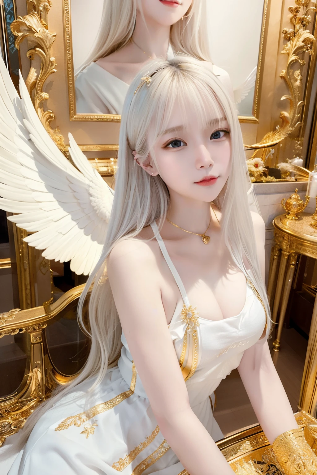 Masterpiece, Best quality, Ultra-detailed, illustration, Close-up, straight on, Face focus, 1girll, White hair, Golden eyes, Long hair, Halo, Angel wings, Serene expression, view the viewer