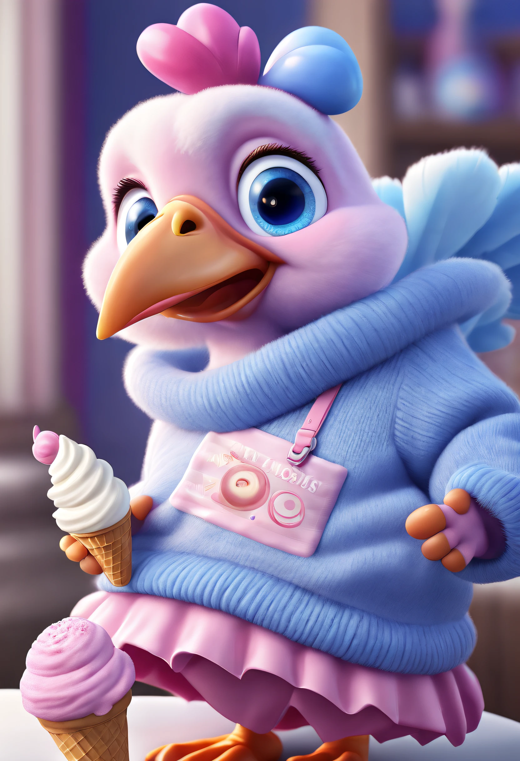 Brand advertising, Creative poster, Cute turkey wearing blue sweater and pink skirt, pixar ice cream, 3 Rendering, Focus sharp, ultra-realistic realism, Fluffy, fantasy engine, 5 quality rendering, 3 Rendering, furry art,