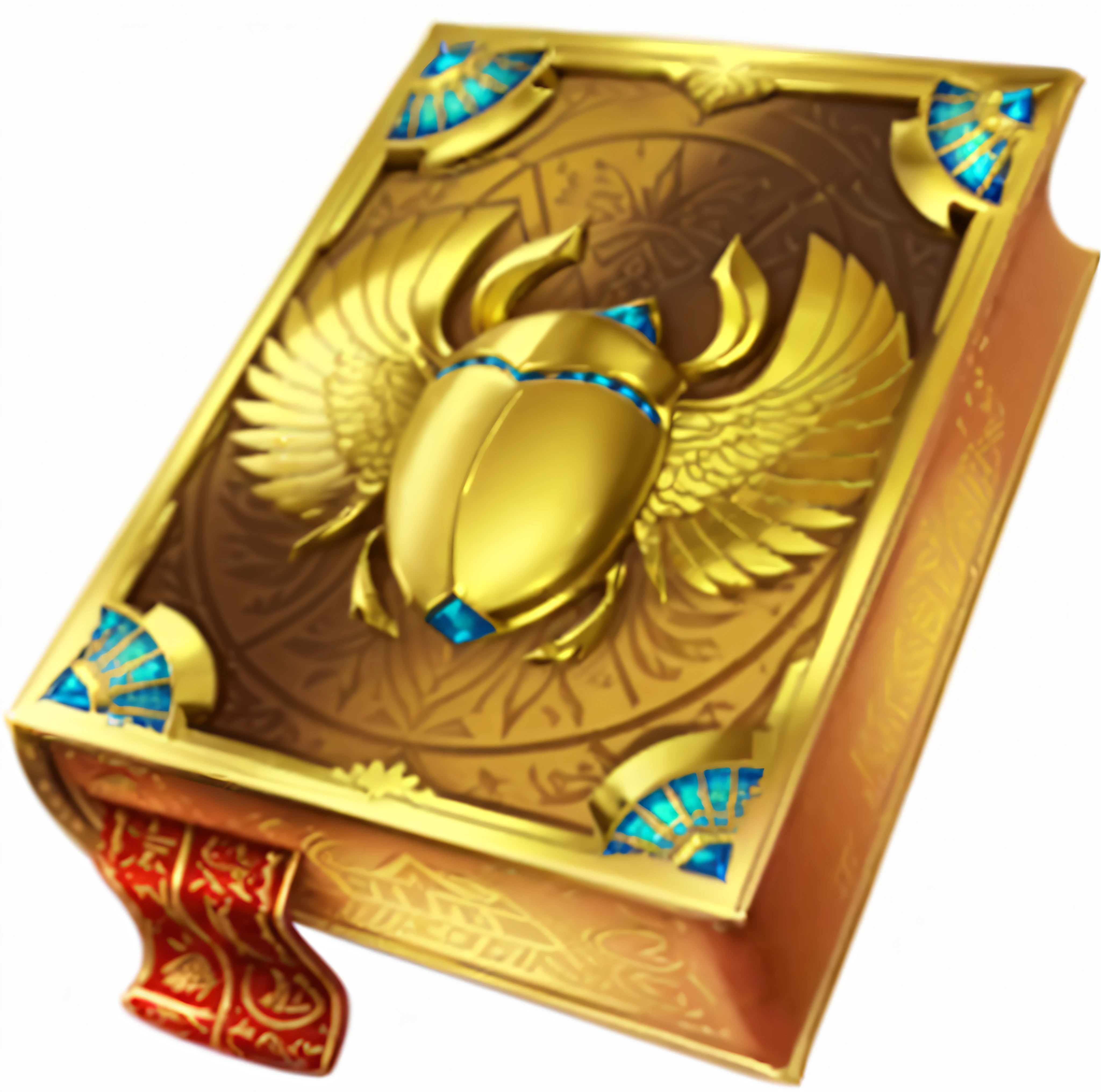 a gold and blue book,There is a gold wing pattern on it, scarab, code, encyclopedia illustration, 3D icons for mobile games, egypician, Egyptian mythology, smooth carapace, Scarab carved jewelry, magic book, exotic artifacts, egyptian symbolism, Book of the Dead, carapace, Game icon resources, Orientalist
