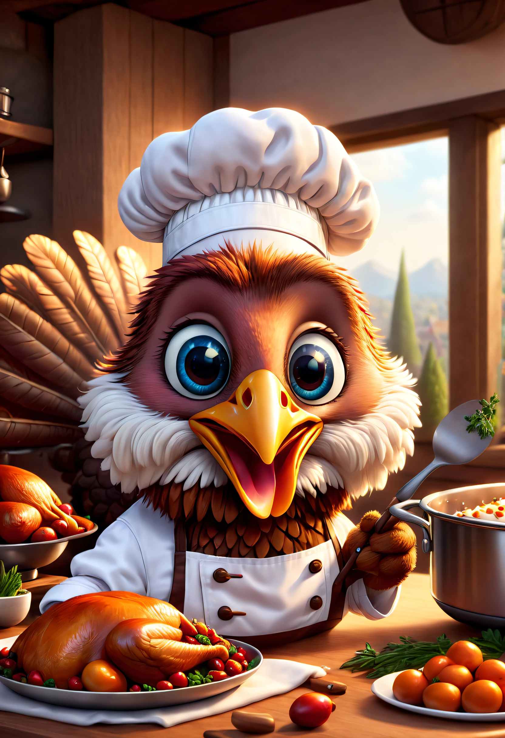Brand advertising, Creative poster, Cute turkey chef is cooking，  Made by Pixar&#39;Swilling， 3 Rendering, Focus sharp, ultra-realistic realism, Fluffy, fantasy engine, 5 quality rendering, 3 Rendering, furry art,，