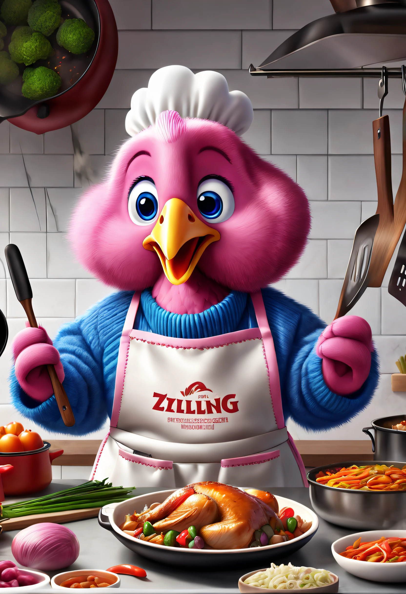 Brand advertising, Creative poster, Cute turkey wearing blue sweater and pink apron, Pixar's ZWILLING, stir-fry,cooking a, 3Drenderingof, Focus sharp, ultra-realistic realism, Fluffy, fantasy engine, 5 quality rendering, 3Drenderingof, furry art,