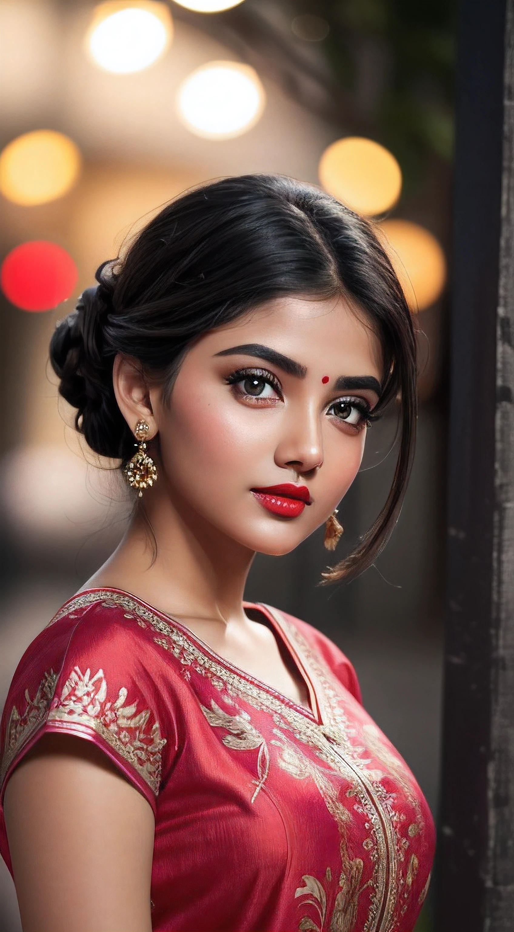 night bokeh effect background, perfect pink eyes, fantastic face, Indian, beautiful look, ((red lips, bright eyes, curve heir 1.5)), ((beautiful details body)), A glorious gorgeous, glorious gorgeous face, pretty face, bright eyes, detailed elegant printed shirt, updo elegant hair, blurred gray tones background, ultra focus, face ilumined, face detailed, 8k resolution, painted, dry brush, brush strokes,
