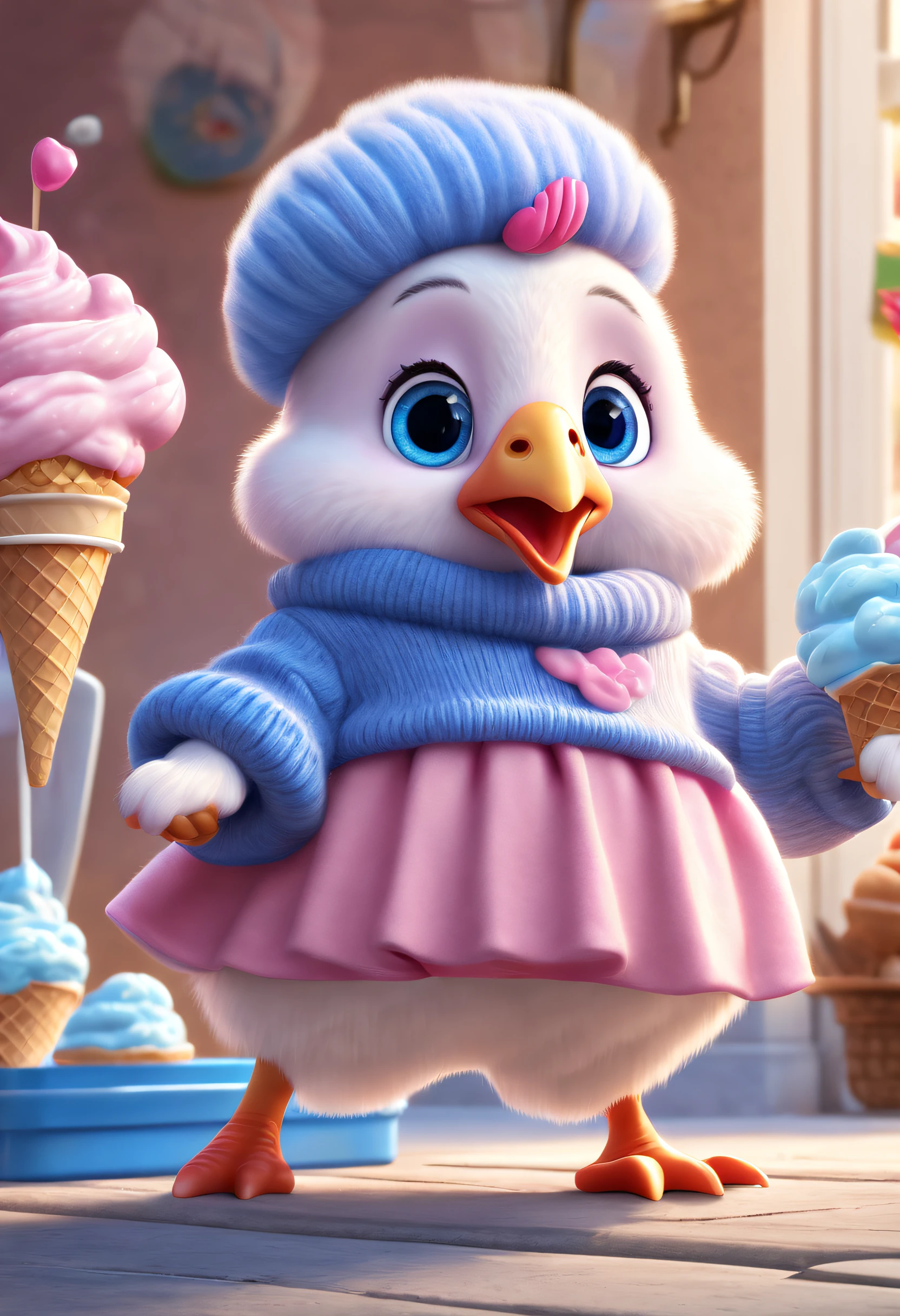 Brand advertising, Creative poster, Cute turkey wearing blue sweater and pink skirt, pixar ice cream, 3 Rendering, Focus sharp, ultra-realistic realism, Fluffy, fantasy engine, 5 quality rendering, 3 Rendering, furry art,fluffy