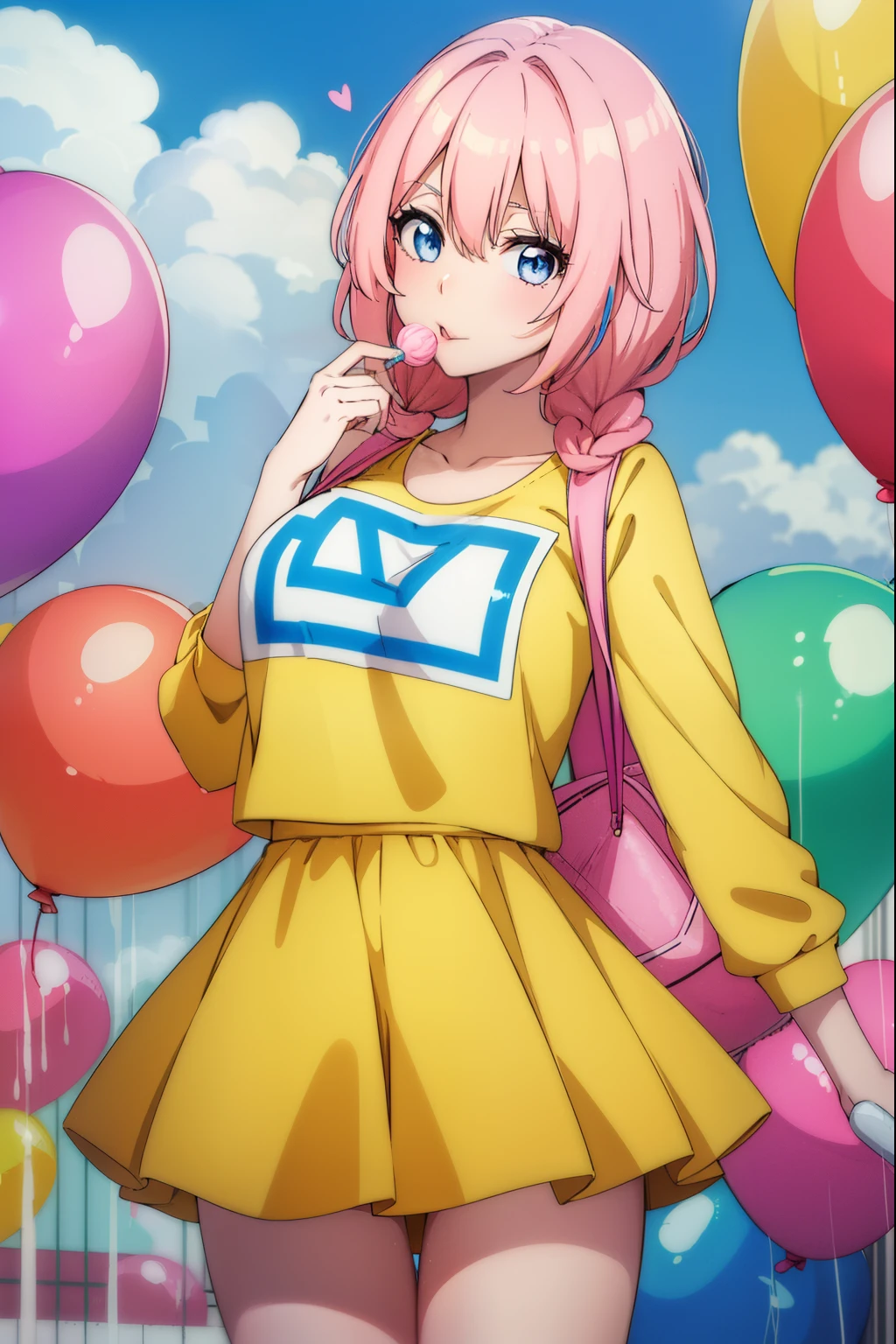 Cute girl, with a big lollipop in her hand, Large round lollipop, lollipop, Yellow clothes, Errors in drawing hands, Multicolored lollipop, candy, Umm Al-Candy, Draw hands better, Israel, Eggs, dolls, Tongue outside the mouth, Israel Flag, Balloons, hearts, Israeli girl, underwear, Pink hair, licking a lollipop, coitus, Girl watching anime, otaku,sexy body