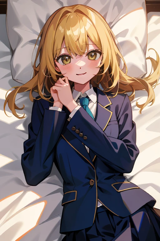(8K、top-quality、top-quality、masterpiece、ighly detailed: 1.2)、女の子 1 人、The upper part of the body、femele、Lying in bed、full of shyness、half laugh、at noon、 head-on、blonde hair、a blond、Wearing a blazer、in school uniform、Pupils、Breasts are big