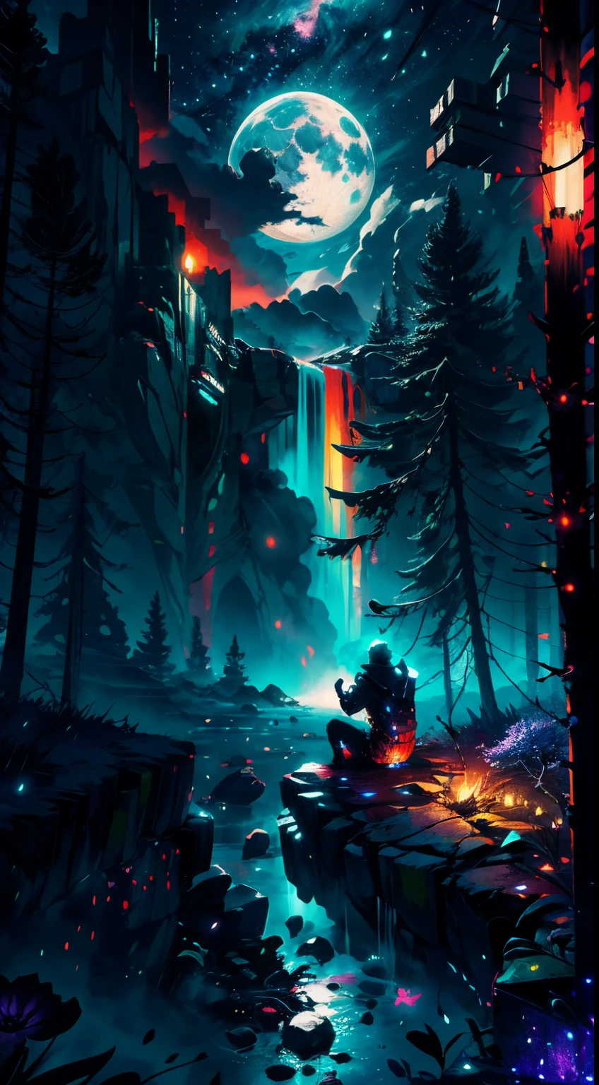 A wide landscape photo, (viewed from below, the sky is above, and the open field is below), an anime girl sitting on colorful flowers field looking up, (full moon: 1.2), (meteor: 0.9), (nebula: 1.3), distant mountains , shooting stars, Trees BREAK Crafting Art, (Warm Light: 1.2), (Firefly: 1.2), Lights, Lots of Purple and Orange, Intricate Details, colorful palette,Volumetric Lighting BREAK (Masterpiece: 1.2), (Best Quality), 4k, Ultra Detailed, (Dynamic Composition: 1.4), Rich in Detail and Color, (Rainbow Color: 1.2), (Glow, Atmospheric Lighting), Dreamy, Magical, (Solo: 1.2),