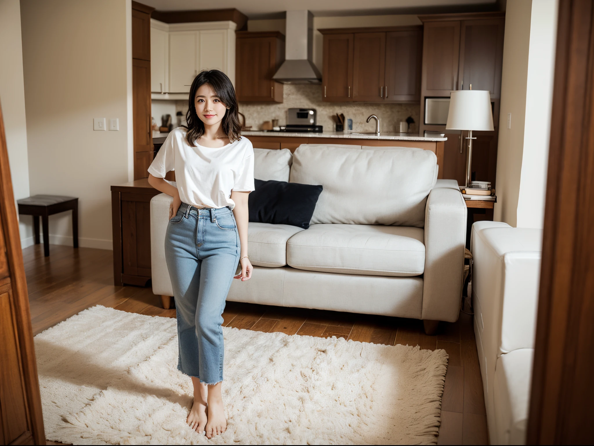 A beautiful, cute woman standing in a house 1 A person, with modern furniture, stands with her feet visible, the woman's face is sharp, the facial details are emphasized,cute beautiful girl,