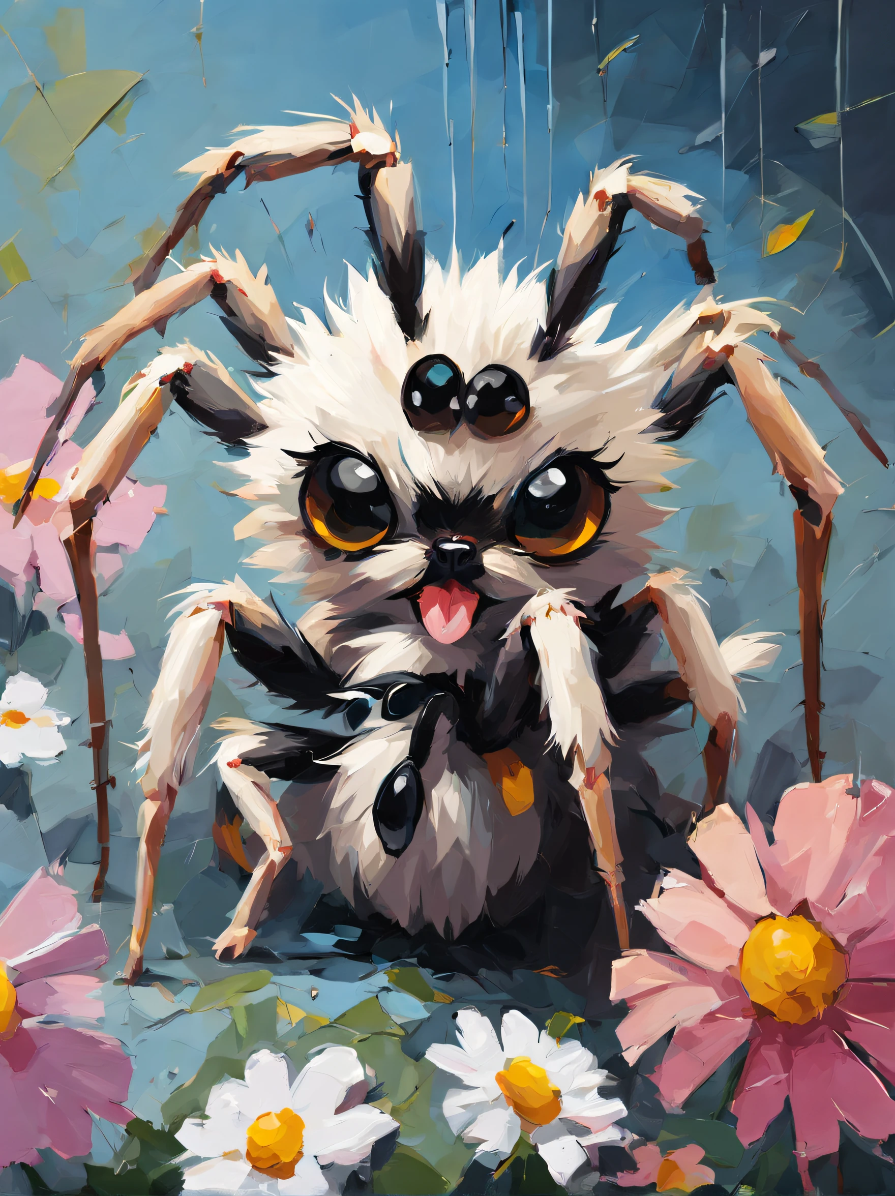 Beautiful Puppy Spider on flower, palette knife painting --ar 3:2 --v 4