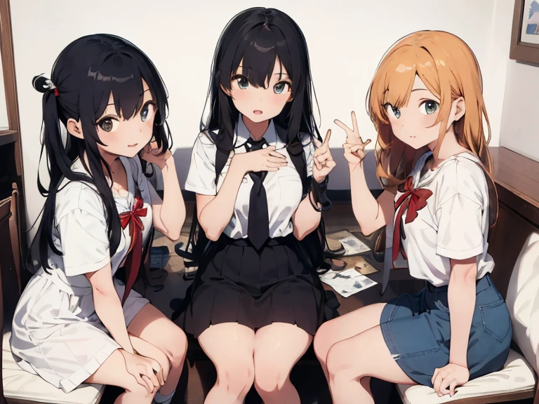 masterpiece, A high resolution, ultra - detailed, (4girls:1.5), pupils, good friends, idol girls group, bedroom, focus face, face shot, (idol girls group, cheek to cheek), hugging,