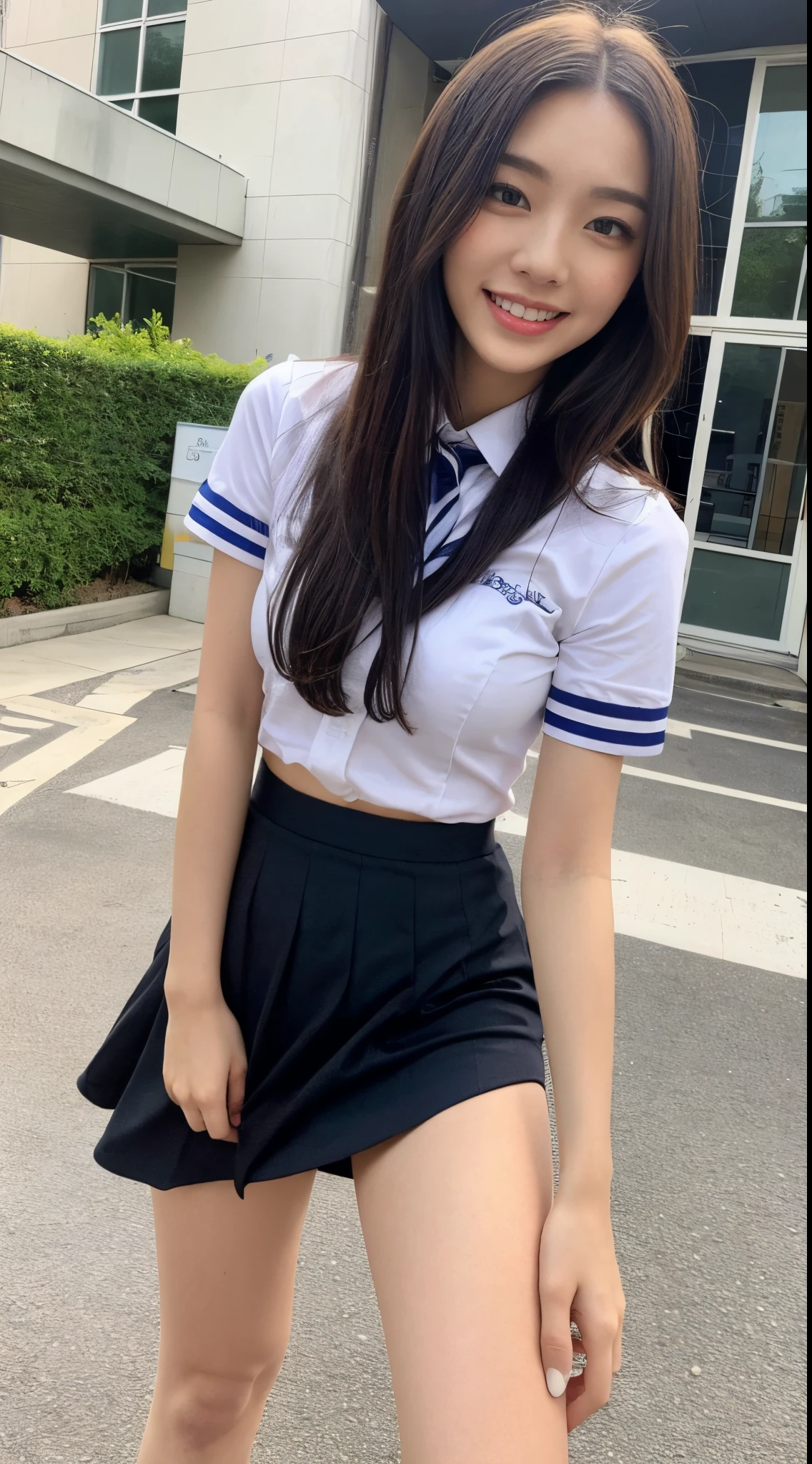 (((full bodyesbian)))、((school uniformss))、((１person))、close to the subject..、((mini-skirt))、(((school building)))、(((ssmile)))、(((girls high school)))、((Extraordinary beauty))、((sexy poses))、Photorealcitic、Beautiful detailed eyes、hyper-realism、High contrast、ultra-HD、Realistic Skin Textures、The highest image quality、Top  Quality、超High resolution A、Fine details、Very meticulously