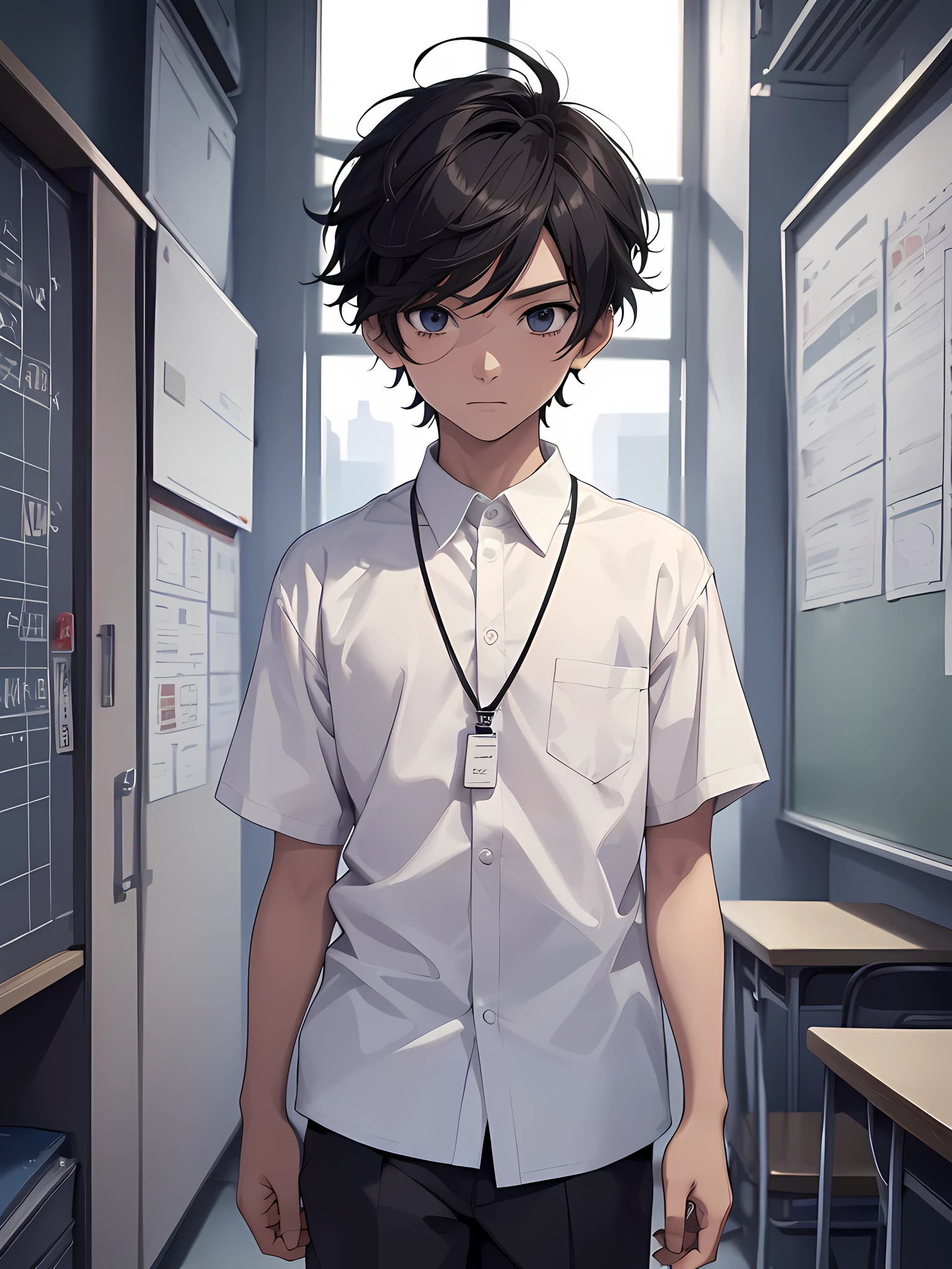 1boy, young male, age 12, solo, detailed eyes, masterpiece, (UntuckedShirt:1.2), student, White long shirt, short sleeves, long black pants, wearing lanyard, full body, classroom, school, anime, line art anime