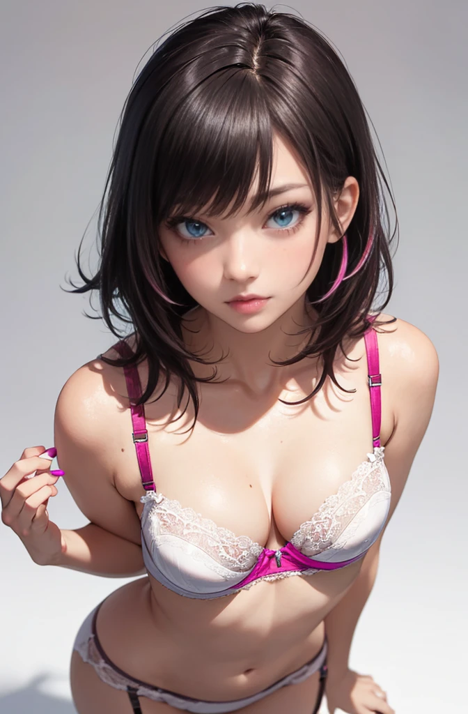 Realistic, super photo realistic illustration, hight resolution, ultla detailed, (absurderes,absurderes),(blush:1.3),(High detailed skin:1.4), Glowing eyes, Goddess, Shiny skin, beautifull detailed face, Real skin texture, Expressive eyes, luscious lips, Glossy lips, Natural makeup,Good Hand, Perfect hands, A very beautiful woman is standing,(Full body:1.3), Medium chest,
BREAK
1girl, chestnut-colored hair, Layered Bob ,(asymmetrical slanted bangs:1.2),Blue eyes,
BREAK
((She is wearing a magenta colored bra with white lace:1.3)), Lace garter belt, Lace thighs, Looking at Viewer,
BREAK
(White background:1.2)